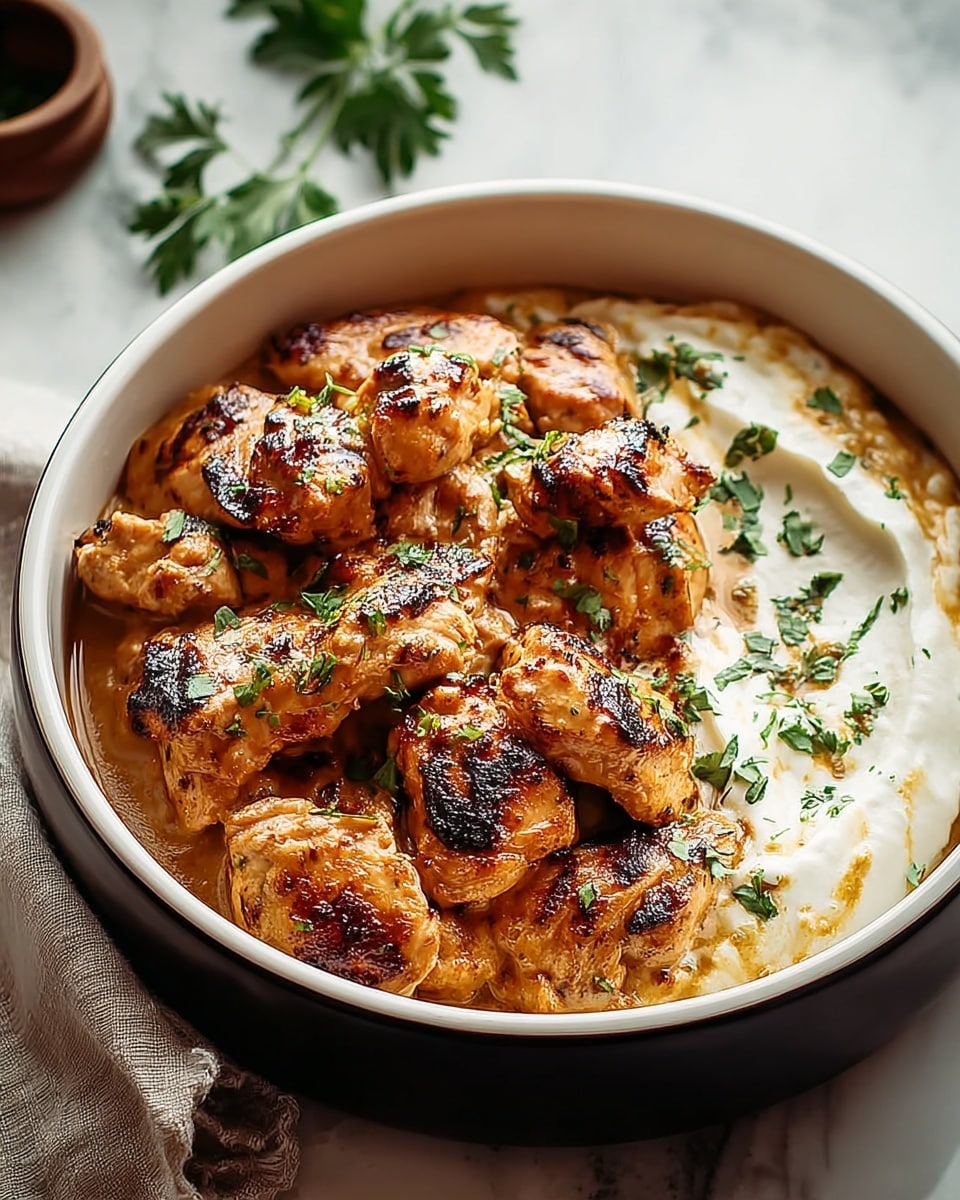 The dish shows a bowl filled with several pieces of grilled chicken that have a golden brown color with some charred edges, placed on top of a thick brown sauce. The chicken pieces show a juicy and tender texture with some garnish of finely chopped green herbs scattered on top. On one side of the bowl, there is a creamy white layer with a smooth texture, sprinkled lightly with green herbs. The bowl is white with a dark outer rim, set on a white marbled surface with a soft cloth nearby. Photo taken with an iphone --ar 4:5 --v 7