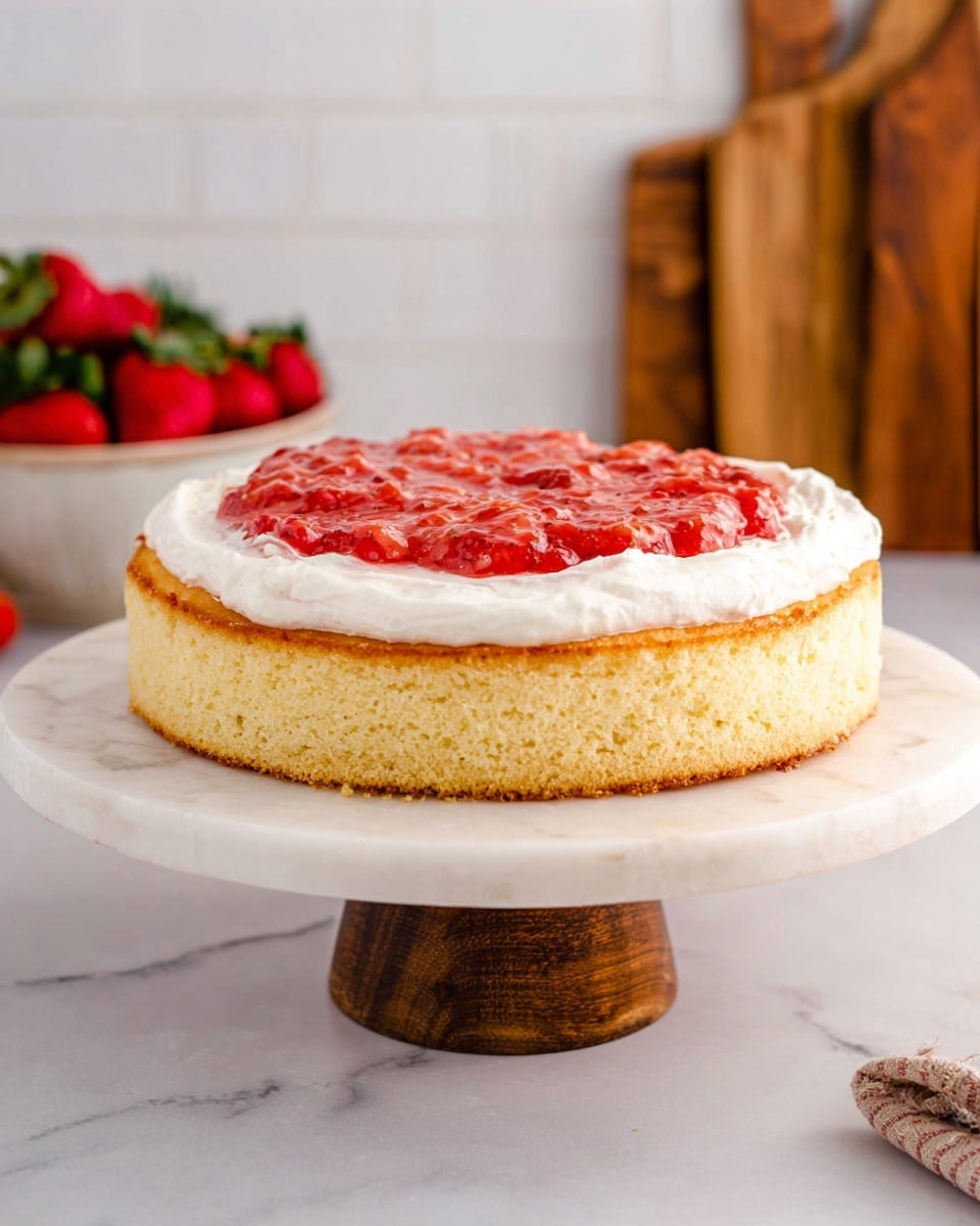 A single-layer round cake sits on a white marble cake stand with a wooden base. The bottom layer is a light golden sponge cake with a soft, slightly porous texture. On top of the cake, there is a thick white layer of creamy frosting that is spread evenly, forming a ring around the center. Inside this ring, there is a bright red layer of chunky strawberry topping, appearing glossy and textured with visible bits of fruit. The setting includes a white marbled surface and a blurred background with a white brick wall, a bowl of fresh strawberries, and wooden kitchen cutting boards. Photo taken with an iphone --ar 4:5 --v 7