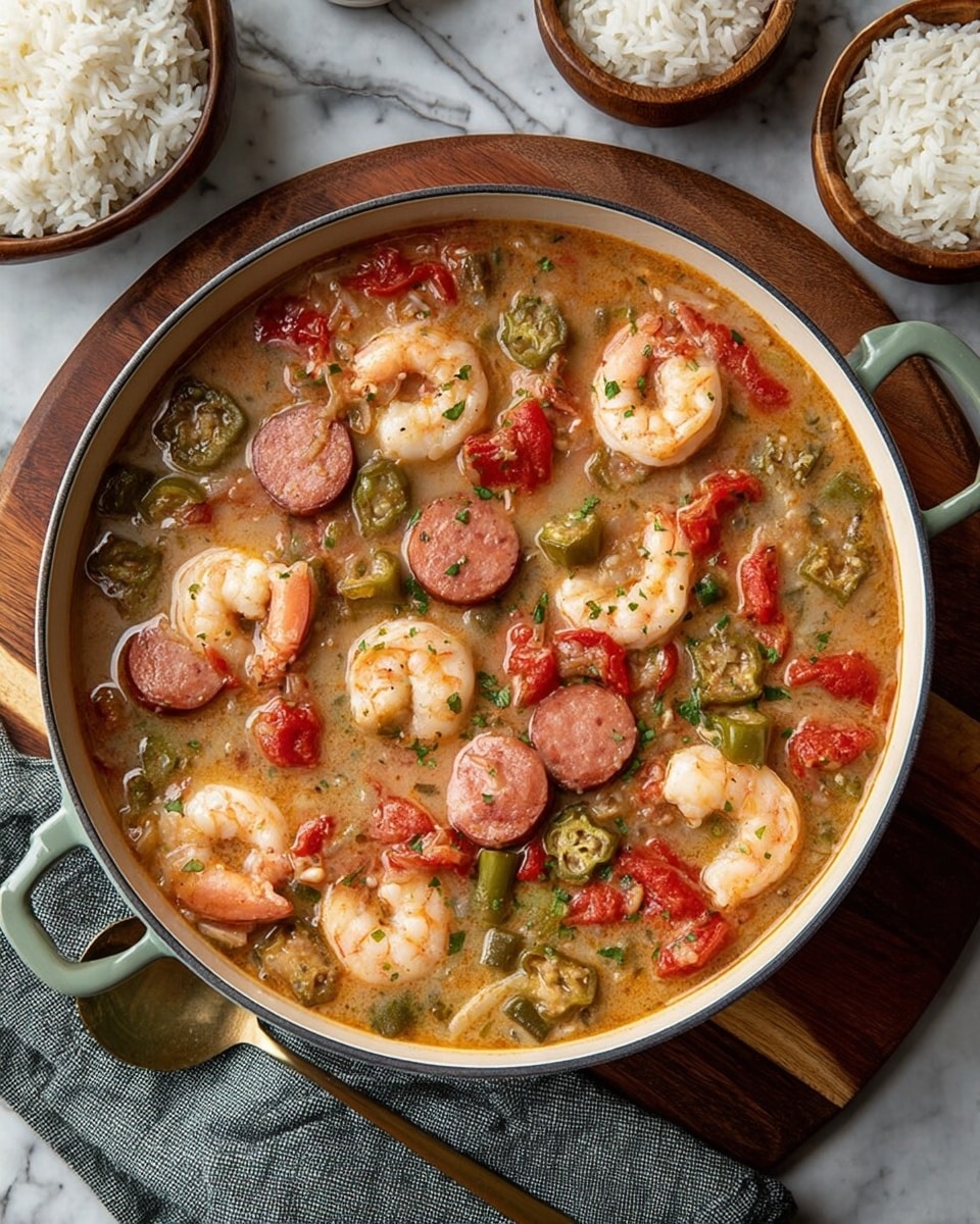 A white pot filled with a shrimp and sausage stew is shown, placed on a wooden board with a grey cloth underneath. The stew has a creamy, light brown broth with visible pieces of pink shrimp curled around in the liquid. Slices of reddish-pink sausage are spread evenly throughout, along with chunks of green okra and diced red tomatoes. The stew has a mixed texture of smooth broth and chunky vegetables and meat. Around the pot, there are small white bowls filled with white rice, set on a white marbled surface. Photo taken with an iphone --ar 4:5 --v 7