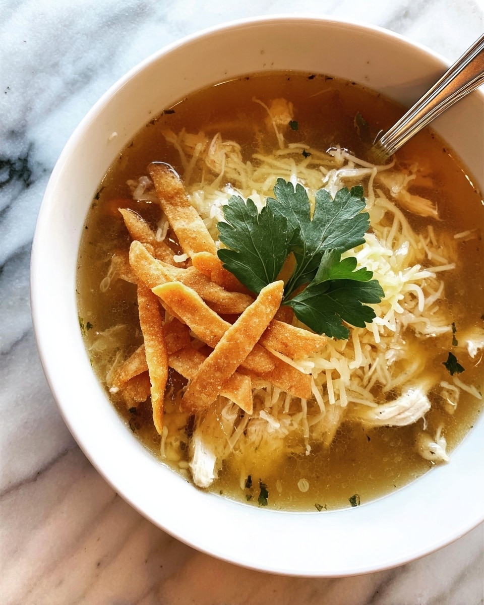 A white bowl filled with clear chicken broth with visible small pieces of shredded chicken and white beans at the bottom. On top, there is a thin layer of shredded white cheese melting slightly in the warm soup. Above the cheese, there are thin, crispy tortilla strips stacked in the center. A small sprig of bright green parsley sits neatly on top of the tortilla strips. A silver spoon is resting inside the bowl on the right side. The bowl is placed on a wooden board over a white marbled surface. Photo taken with an iphone --ar 4:5 --v 7