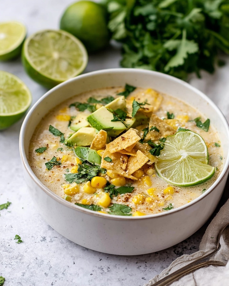 This image shows a bowl of creamy soup with a light beige base, filled with visible bright yellow corn kernels. On top, there are green avocado slices and fresh green cilantro leaves scattered around. Small pieces of crushed tortilla chips add a crunchy texture on the surface, along with a slice of lime nestled on one side. The bowl is white and sits on a white marbled texture surface, with halved limes and fresh cilantro blurred in the background. The colors are bright and fresh, and the scene is warmly lit. photo taken with an iphone --ar 4:5 --v 7