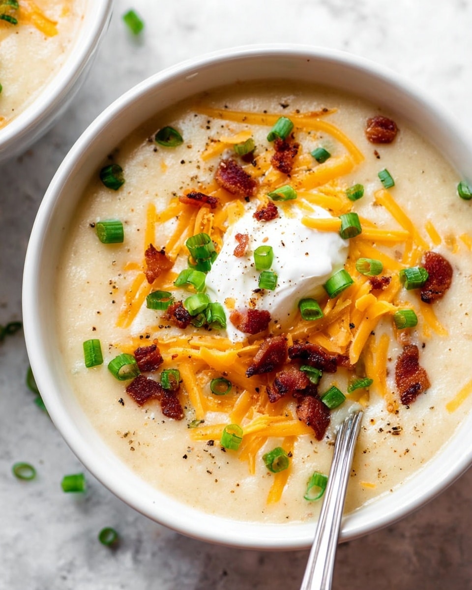 A large pot filled with thick, creamy beige chowder topped with three main layers: small pieces of crispy browned bacon scattered unevenly, vibrant green chopped scallions spread over, and bright orange shredded cheddar cheese scattered lightly. In the center, a dollop of white sour cream adds contrast. A metal ladle is partially submerged on the right side of the pot, which sits on a white marbled surface. photo taken with an iphone --ar 4:5 --v 7