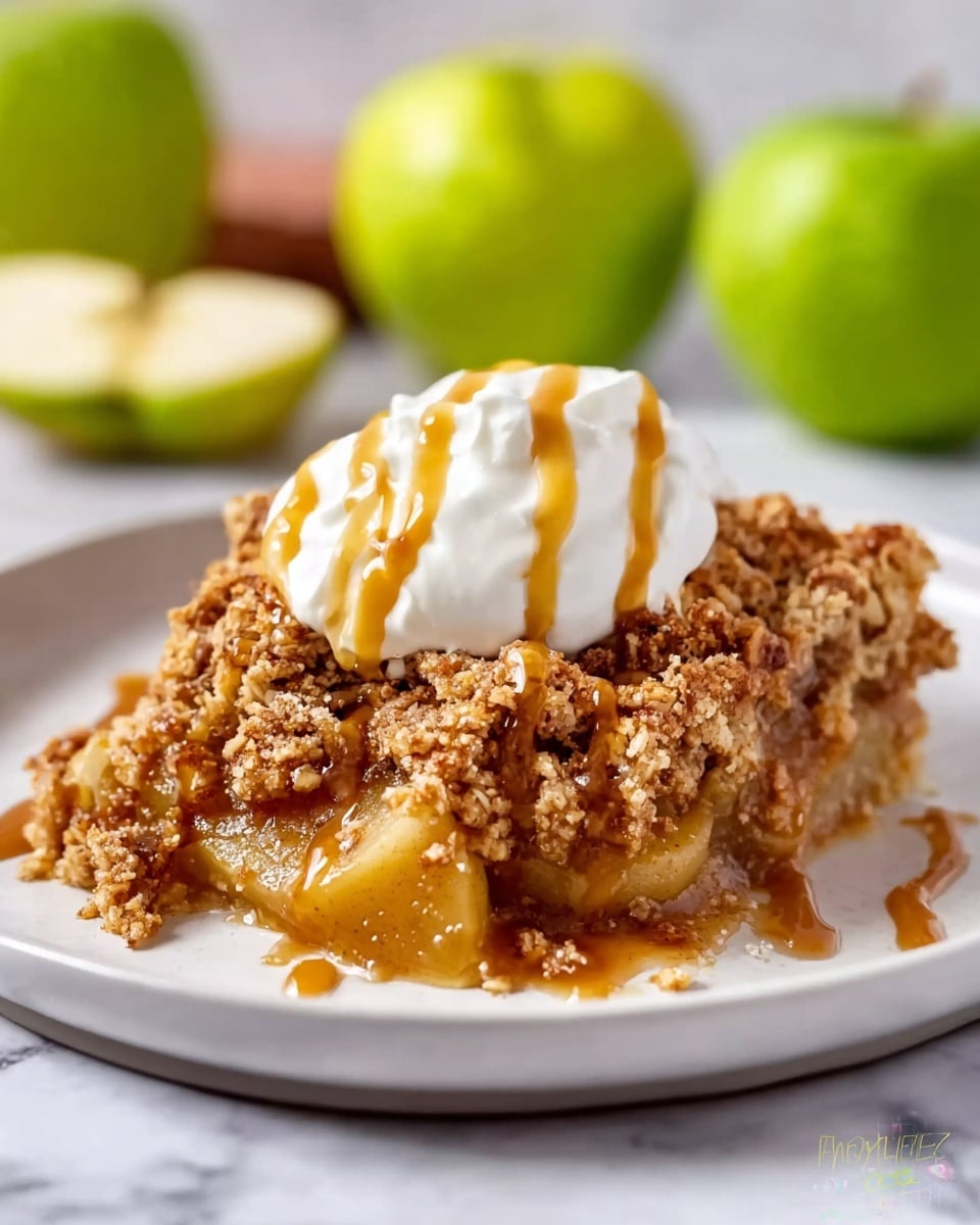 The image shows a baked apple crumble in a white oval dish. The base layer consists of soft, cooked apple slices with a golden yellow and light brown color. On top of the apples is a thick crumbly oat topping made of toasted oats and brown sugar, giving a crunchy texture with shades of dark brown and golden. A woman's hand holds a wooden spoon scooping some of the crumble, highlighting its soft and crumbly consistency. The background surface has a white marbled texture. photo taken with an iphone --ar 4:5 --v 7