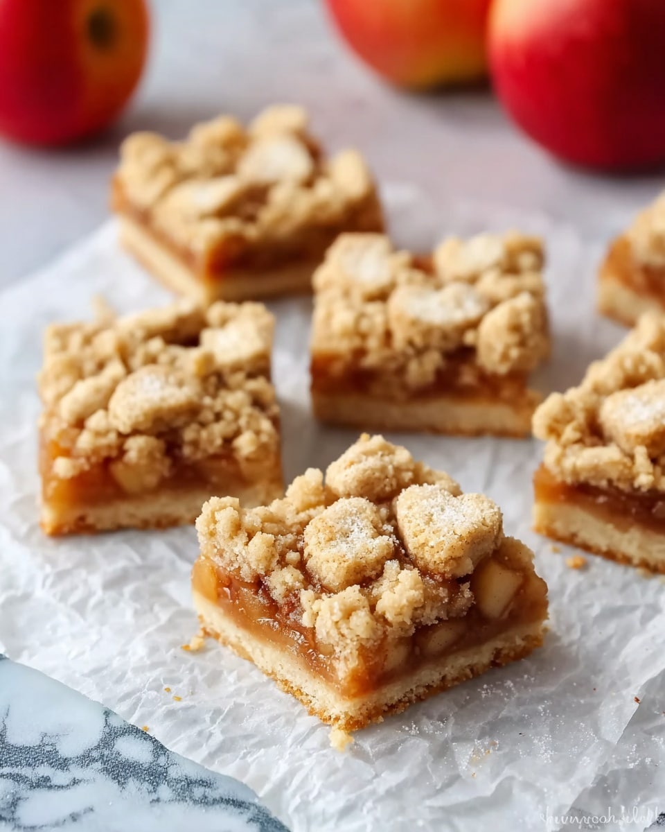 The image shows five squares of crumbly apple dessert bars arranged on crinkled white parchment paper over a white marbled surface. Each bar has three layers: a light tan shortbread crust as the bottom, a golden brown apple filling with small soft apple chunks in the center, and a top layer of uneven, crumbly golden brown streusel pieces with some heart-shaped pieces included. The bars look soft inside but crumbly on top, and there are two red apples blurred in the background. Photo taken with an iphone --ar 4:5 --v 7