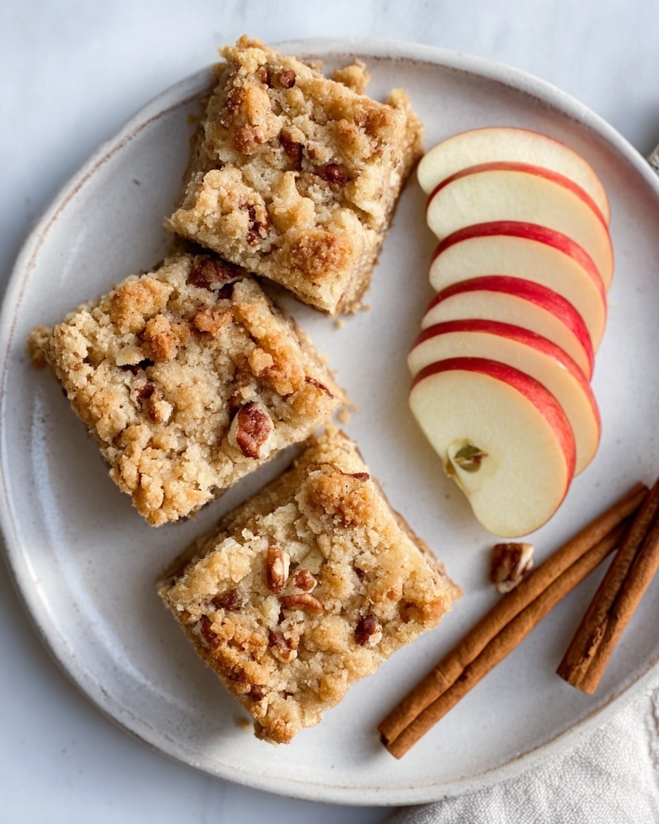 The image shows three thick slices of light brown apple cake with a crumbly texture on top arranged on a white rectangular plate. Behind the plate, two whole red and yellow apples are placed on a white marbled surface next to a red and white checkered cloth. A knife with a wooden handle lies partially on the cloth, near a woman's hand reaching toward the plate. The background keeps a soft, natural light that highlights the warm colors of the cake and apples. photo taken with an iphone --ar 4:5 --v 7