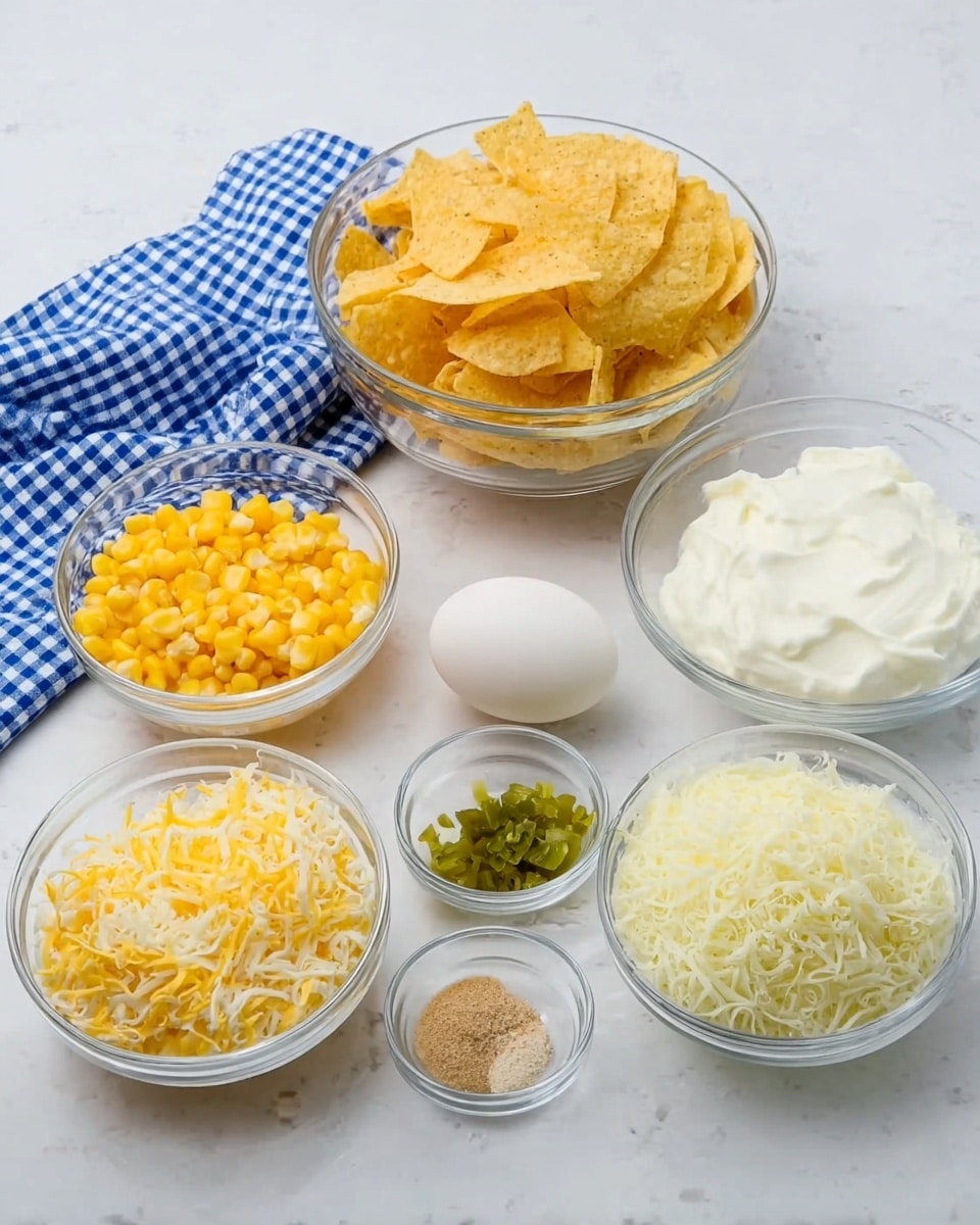 The image shows seven clear glass bowls and one white egg arranged on a white marbled surface. The largest bowl at the back contains yellow tortilla chips with some texture. To its right, a large bowl holds thick white sour cream. In front of these, on the left side, a smaller bowl is filled with bright yellow corn kernels. Next to it, in the center, a bowl contains finely grated white parmesan cheese. To its right, a bowl is filled with finely shredded white mozzarella cheese. Below these bowls, there is a small bowl with chopped green chilies, and beside it, an even smaller bowl holds a small amount of light brown powder seasoning. A single white egg sits next to this last bowl. Behind all the bowls, a blue and white checkered cloth is spread out flat. photo taken with an iphone --ar 4:5 --v 7
