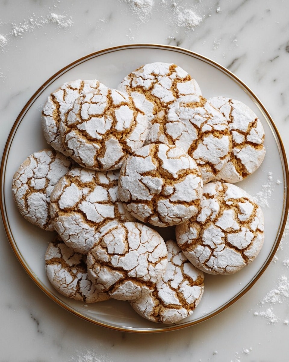 A white plate with a thin gold rim holds about a dozen round cookies, each covered with a cracked pattern of white powdered sugar on top, revealing light brown underneath. The cookies are slightly uneven in size and stacked closely, filling the plate. The surface underneath is a white marbled texture with some scattered powdered sugar. photo taken with an iphone --ar 4:5 --v 7