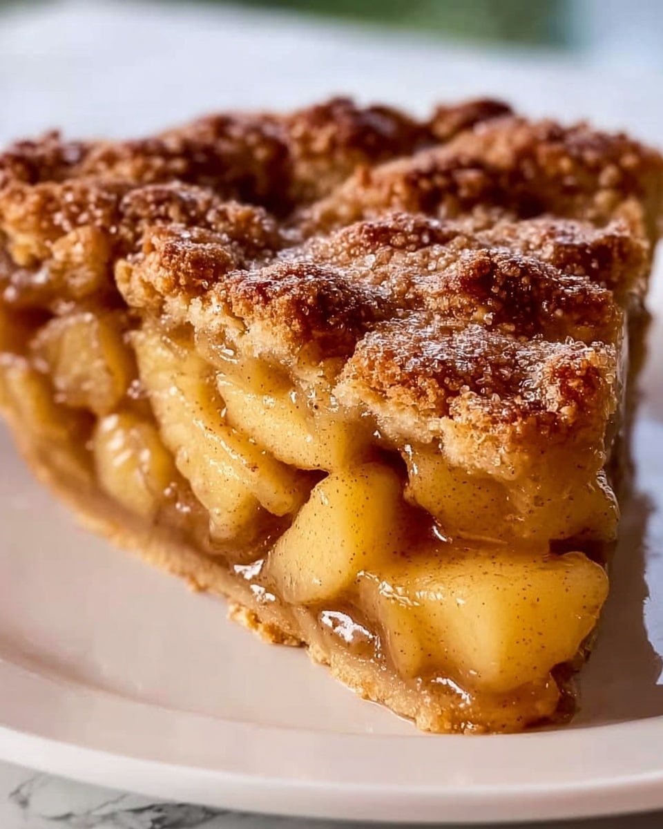 A close-up view of a piece of apple pie on a white plate, showing three clear layers: the bottom crust is golden brown and slightly crumbly, above it is a thick layer of cooked, soft apple slices coated in a glossy caramel sauce, and the top crust has a rough texture with caramelized sugar giving it a shiny, slightly sticky look. The pie piece is thick and juicy with visible apple chunks, sitting on a white marbled surface. Photo taken with an iphone --ar 4:5 --v 7