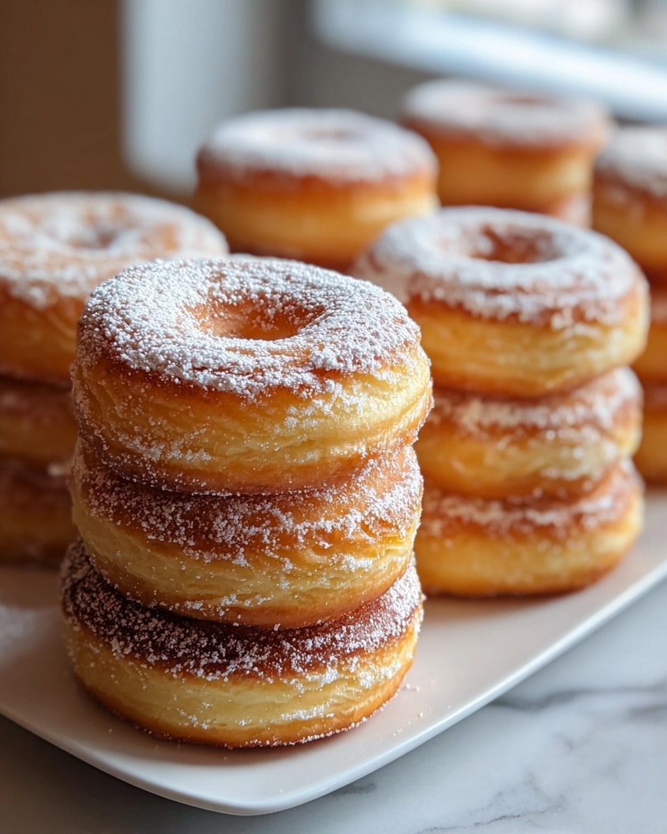 A stack of two fluffy cronut-style donuts is in the front center on a white plate, showing many light golden, flaky layers with a slightly crispy, caramelized edge. Each donut has a rounded top dusted lightly with white powdered sugar that creates a soft contrast to the warm golden tones. Behind them, several more similar donuts are slightly out of focus, arranged closely together on the same white plate, all sharing the same layered texture and powdered sugar topping. The surface beneath the plate has a white marbled texture, and soft natural light comes from a blurred window in the background. photo taken with an iphone --ar 4:5 --v 7