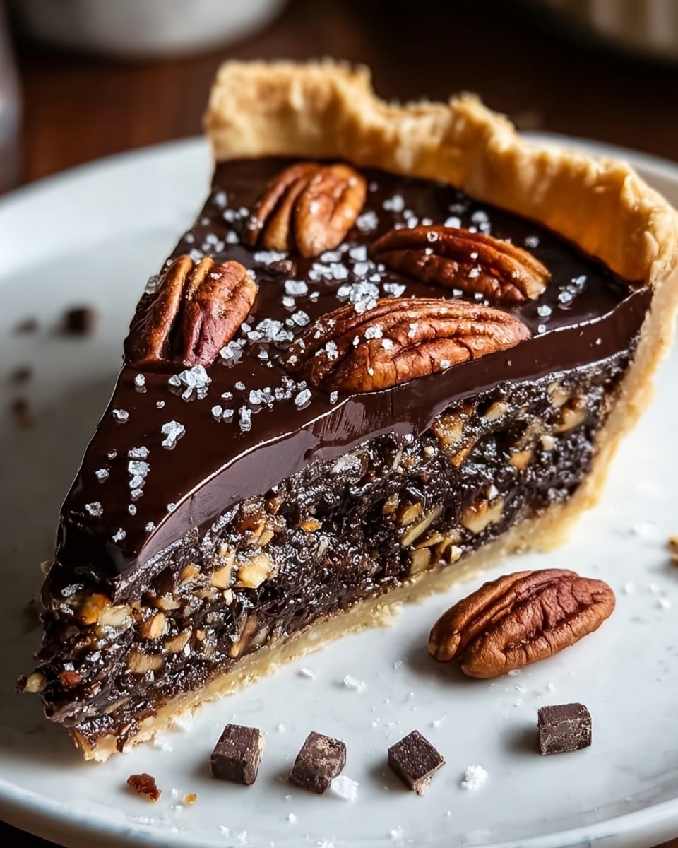 A slice of pie on a white plate sits on a white marbled surface, showing three distinct layers: a bottom golden-brown flaky crust, a dense dark chocolate layer mixed with chopped nuts, and a glossy, smooth chocolate ganache topping. The ganache is dark and shiny, spread thickly, and is sprinkled with whole pecan halves and coarse salt crystals. Small chocolate chunks and nut pieces are scattered around the plate. The photo taken with an iphone --ar 4:5 --v 7