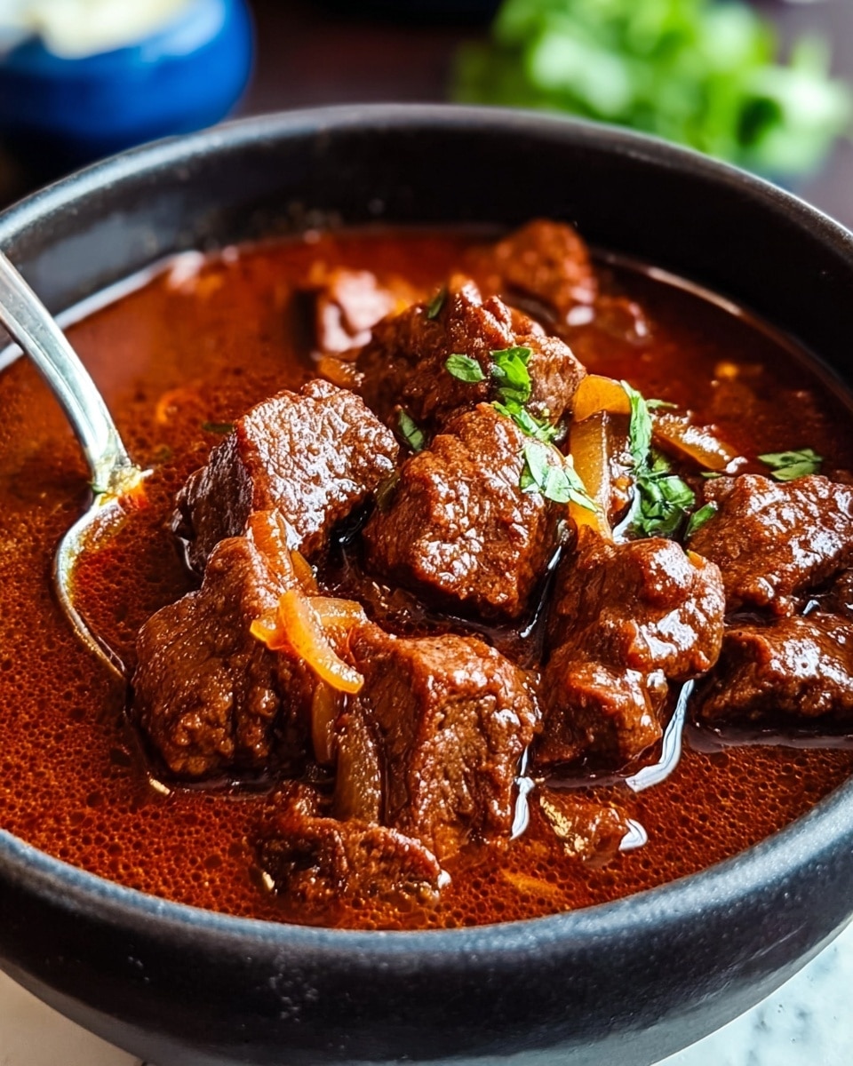 A close-up shot of a dark gray bowl full of thick, rich reddish-brown beef stew with visible chunks of tender beef and pieces of cooked onion mixed throughout. The beef pieces are juicy and covered with glossy, thick sauce, and the stew looks hearty and well-cooked. A silver spoon is partially inside the bowl on the left side. The background shows a blurred blue item and green herbs, with the bowl placed on a white marbled surface. photo taken with an iphone --ar 4:5 --v 7