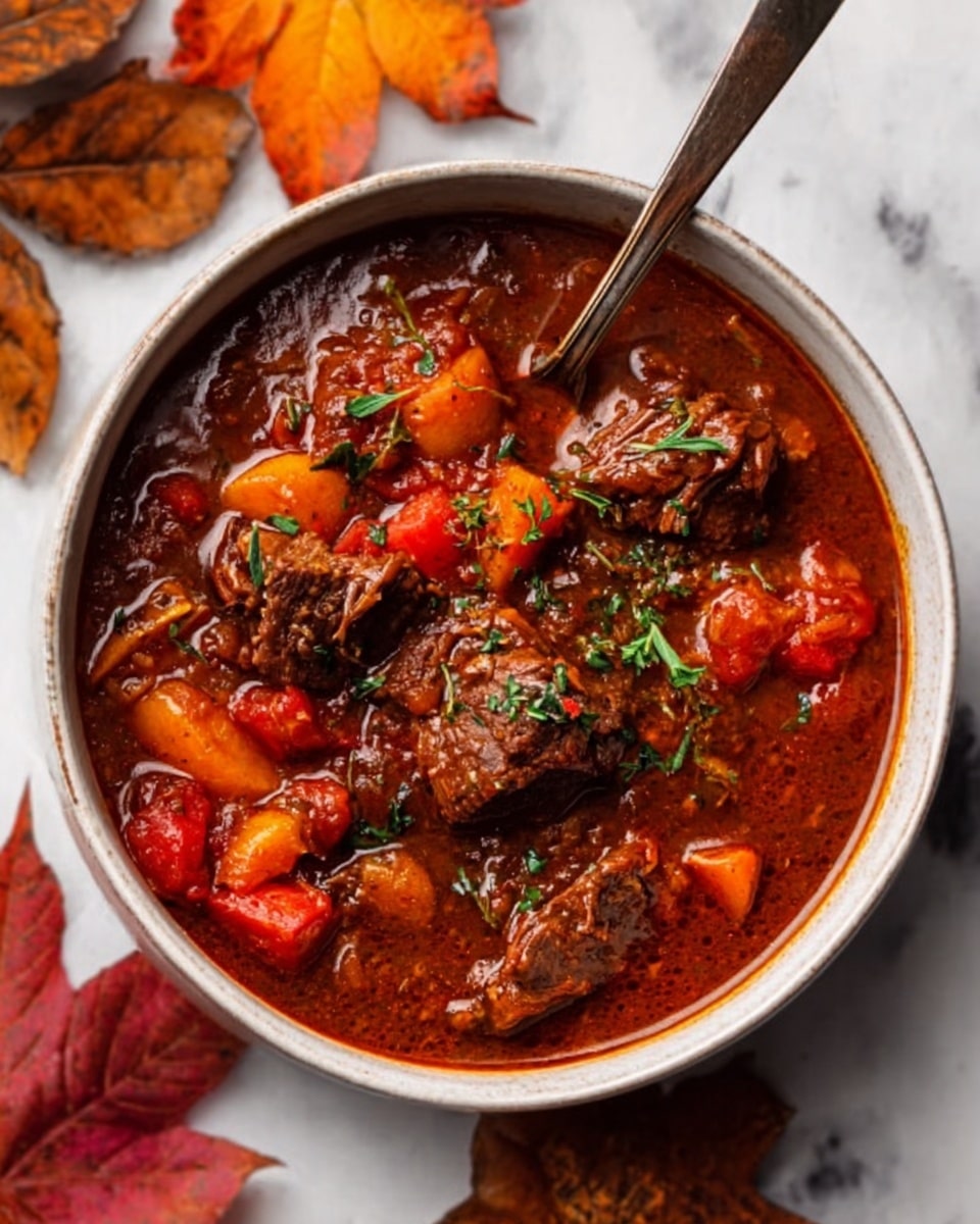 The image shows a white bowl filled with a rich, dark brown stew. Floating in the stew are large pieces of meat, tender and textured, with some garnished with green herbs. There are chunks of orange carrots and red tomatoes visible within the thick soup, giving bursts of color. A silver spoon is placed inside the bowl, slightly submerged in the stew. Around the bowl are autumn leaves, and the whole scene is set on a white marbled surface. photo taken with an iphone --ar 4:5 --v 7