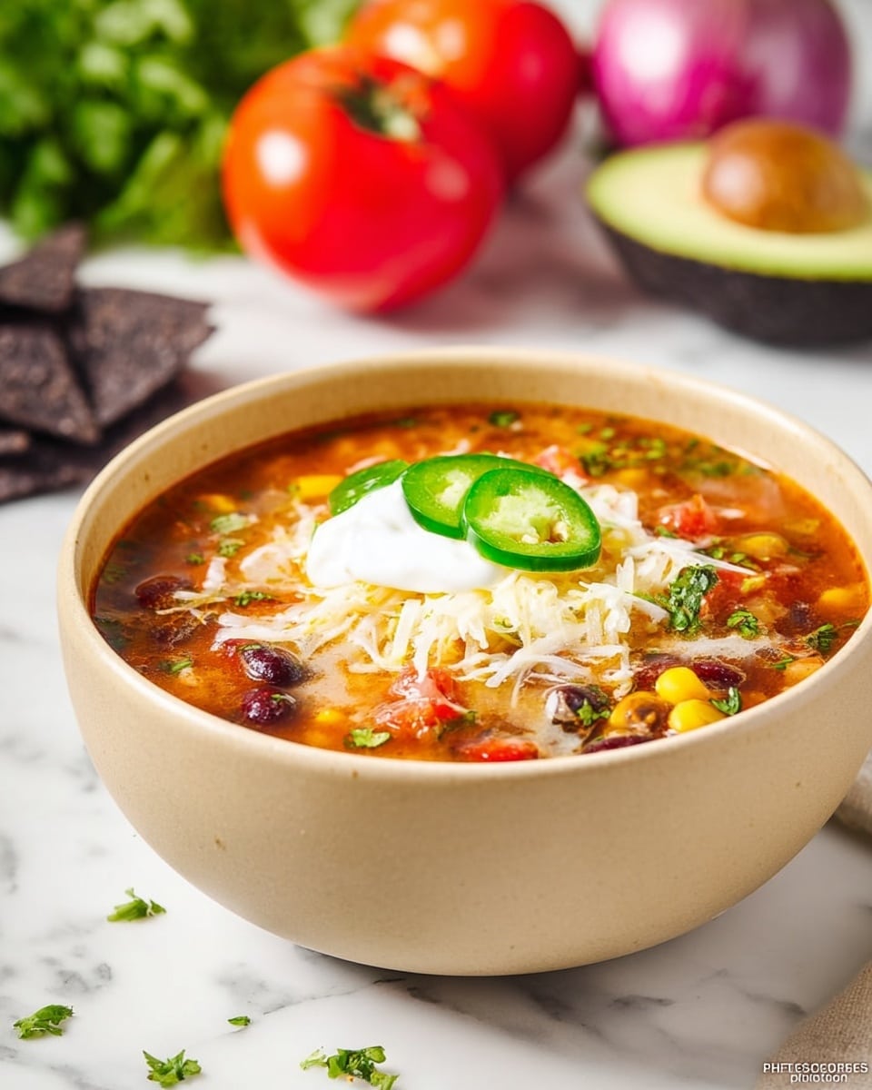 A light beige bowl filled with three visible layers: the base layer is a reddish-orange soup broth with floating pieces of yellow corn, black beans, diced tomatoes, and small slices of mushrooms; the middle layer is a dollop of white sour cream placed at the center; the top layer consists of shredded white cheese and three sliced green jalapeños sitting on the sour cream, with small green herb pieces scattered on top of the soup and around the bowl on a white marbled surface; in the background, blurred fresh vegetables including a halved avocado, a whole tomato, a red onion, and a black tortilla chip are visible. Photo taken with an iphone --ar 4:5 --v 7