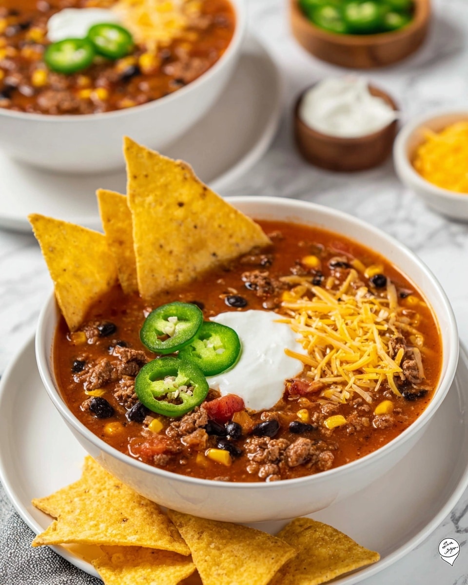 A white bowl filled with thick chili soup containing ground beef, black beans, corn, and tomato chunks in a rich reddish-brown broth; on top is a dollop of white sour cream centered with three bright green sliced jalapeños to the side, and a small pile of shredded yellow cheddar cheese on the right side. Three large yellow tortilla chips stand upright along the left edge of the bowl, with more chips laid on a white plate beneath the bowl. The bowl and plate rest on a white marbled surface. In the blurred background, there is another white bowl with chili, a small wooden bowl with sour cream, and a small white dish with sliced jalapeños. Photo taken with an iphone --ar 4:5 --v 7