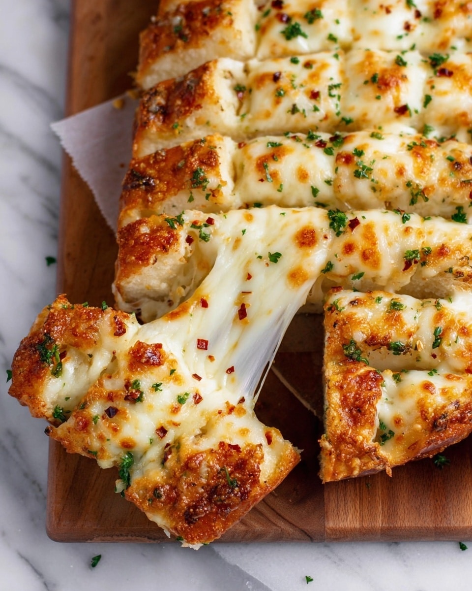 The image shows a close-up of a cheesy pull-apart bread cut into rectangular slices on a wooden board. The base layer is a golden-brown baked bread crust with a slightly crispy texture. On top, there is a thick layer of melted white cheese, browned in spots with a bubbly texture. Small bits of green parsley and red chili flakes are sprinkled evenly across the cheese surface, adding color contrast. One slice is being lifted, revealing stretchy melted cheese stretching between the bread pieces. The background is a white marbled texture. photo taken with an iphone --ar 4:5 --v 7
