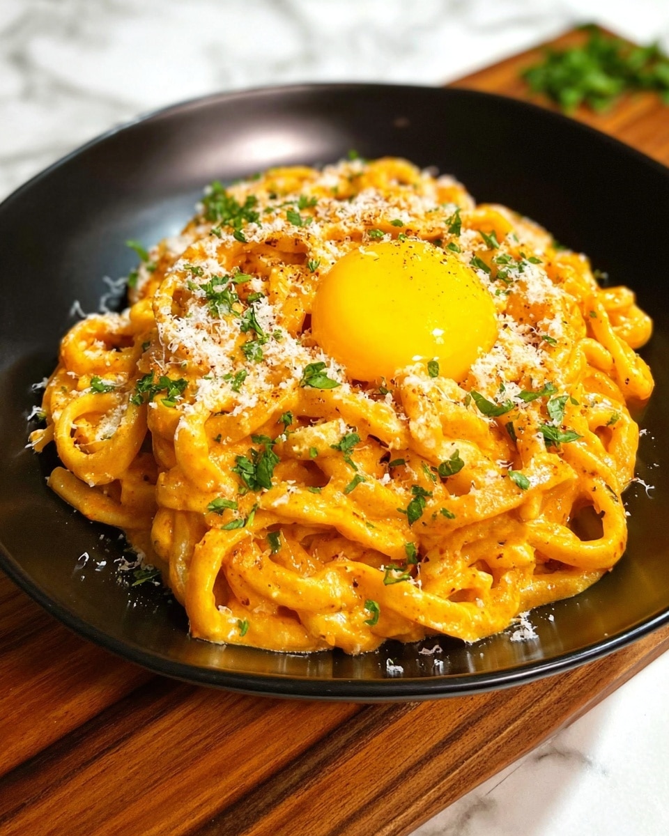 A black bowl filled with thick, curly pasta coated in a rich, creamy orange sauce, topped with a bright yellow egg yolk in the center, sprinkled with finely grated white cheese and scattered small green herb leaves, all resting on a wooden board with a white marbled background. photo taken with an iphone --ar 4:5 --v 7