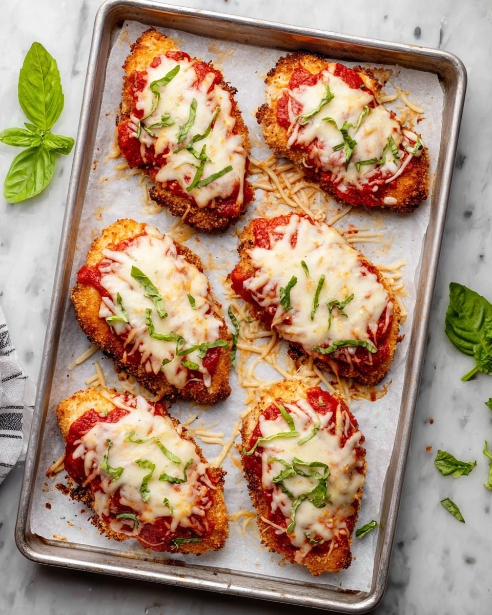 Six pieces of chicken breast sit on a silver baking tray lined with parchment paper. Each piece has three visible layers: the bottom layer is golden brown fried chicken with a crispy texture, the middle layer is bright red tomato sauce spread evenly, and the top layer is melted white mozzarella cheese that looks soft and gooey. Small green basil leaves are scattered over the cheese for a touch of color. The tray rests on a white marbled surface with a few fresh basil leaves placed nearby. photo taken with an iphone --ar 4:5 --v 7