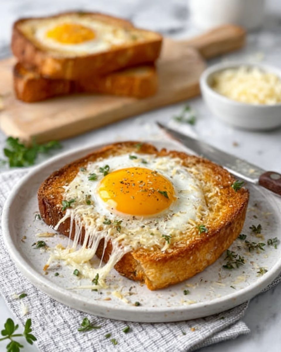 A thick slice of golden toasted bread sits on a white plate with a white marbled texture underneath, topped with a perfectly cooked sunny-side-up egg with a bright yellow yolk and slightly crispy edges. Melted cheese drapes over the side of the toast, showing a stringy texture, and small green herb pieces are sprinkled on top and around the plate. In the background, there's another toasted sandwich with an egg on top on a wooden cutting board, and a small white bowl filled with grated cheese. A woman's hand is holding a knife resting on a white and grey cloth napkin next to the plate. The overall scene is bright and fresh, highlighting the textures and colors of the food. photo taken with an iphone --ar 4:5 --v 7