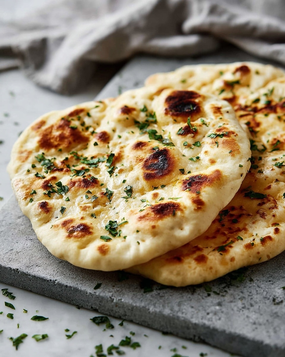 Two pieces of flatbread are stacked on a gray stone slab, each with a golden-brown toasted surface showing uneven charred spots and air bubbles, giving a soft and puffy texture. The flatbreads are lightly sprinkled with chopped green herbs, adding a touch of freshness and color contrast to the warm, creamy beige dough. The background features a white marbled texture with scattered green herb bits and a blurred gray cloth, making the flatbreads the clear focus. Photo taken with an iphone --ar 4:5 --v 7