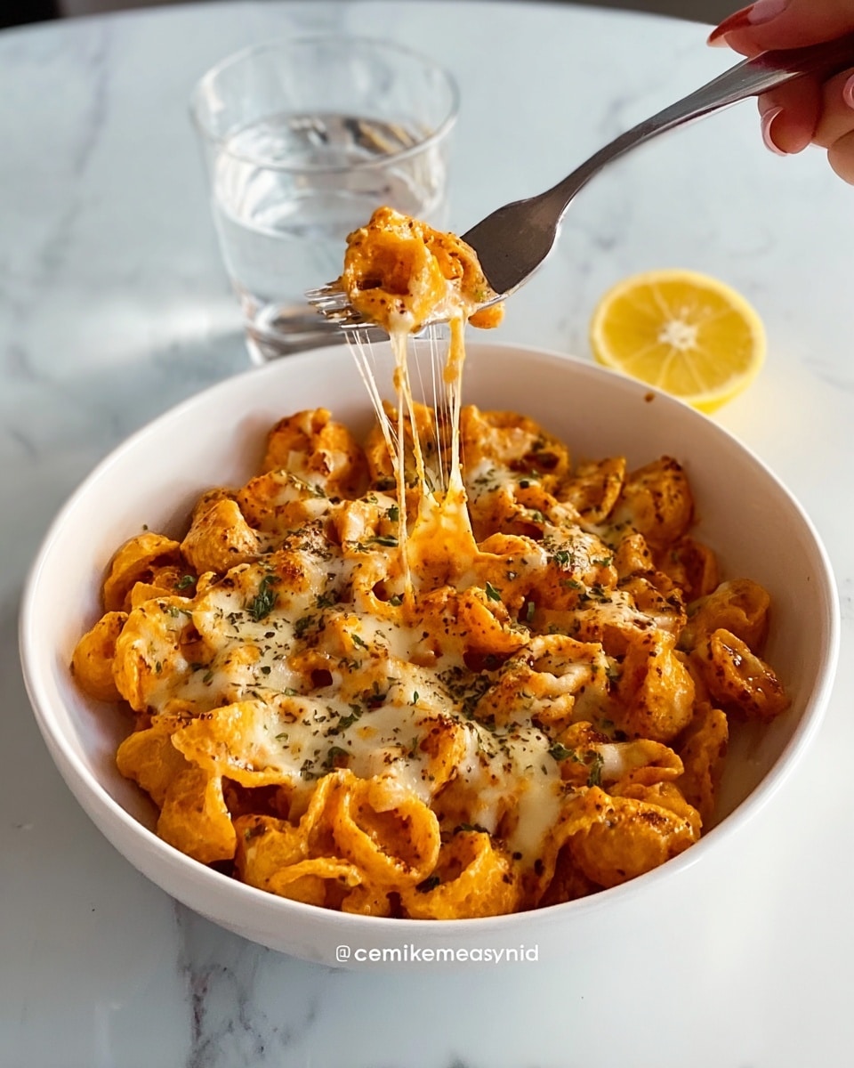 A white bowl filled with orange-colored pasta covered with melted cheese on top, sprinkled with herbs, showing stretchy melted cheese lifted by a woman's hand holding a fork. There is a lemon slice and a glass of water placed on a white marbled surface behind the bowl. Photo taken with an iphone --ar 4:5 --v 7
