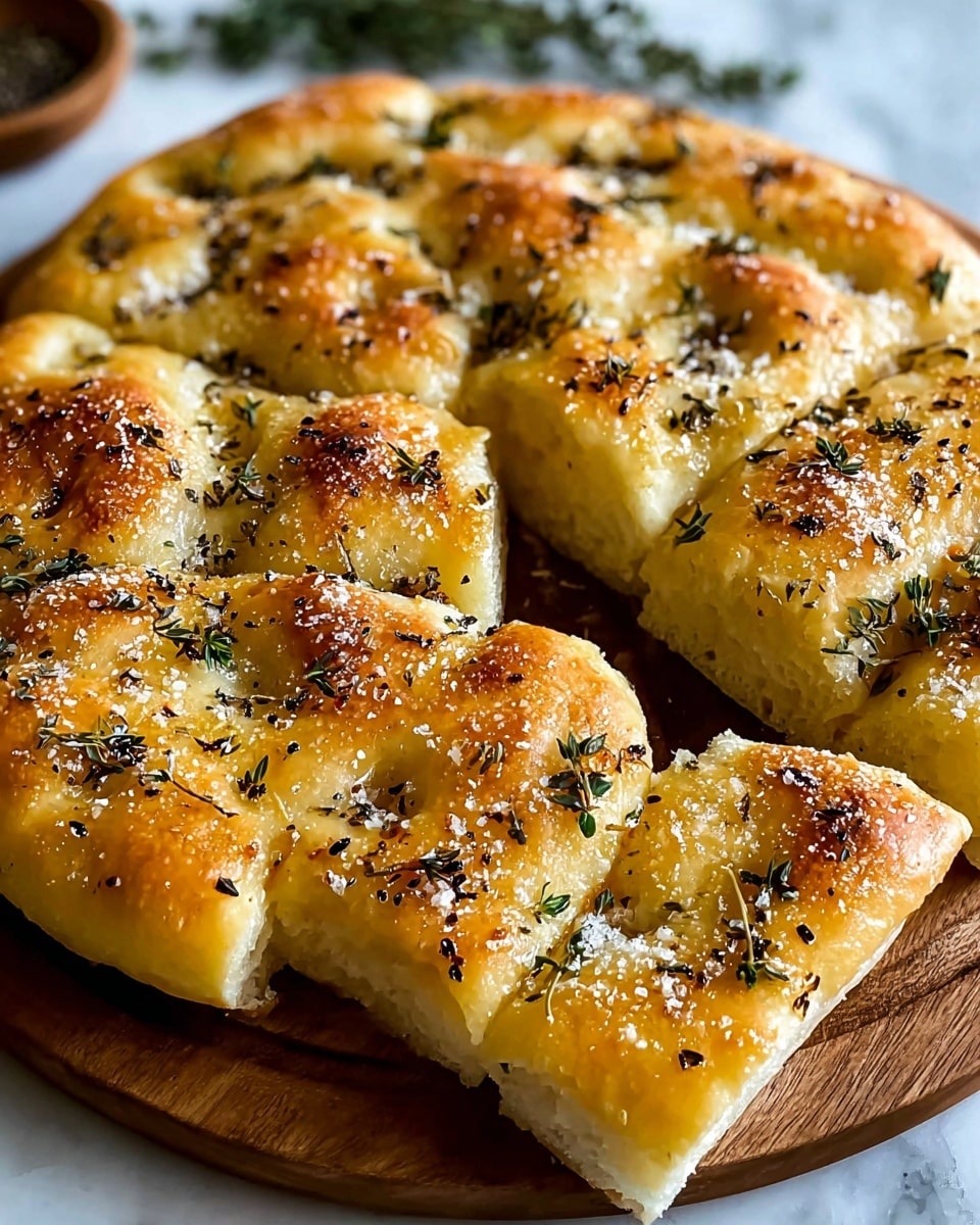 A golden focaccia bread is shown sliced into eight large pieces, each piece having a soft, thick, and airy texture with a slightly crispy top. The bread has a shiny surface from olive oil and is sprinkled with coarse sea salt and fresh thyme leaves that add green and black specks across the bread. The focaccia sits on a round wooden board. The background is a white marbled texture. photo taken with an iphone --ar 4:5 --v 7