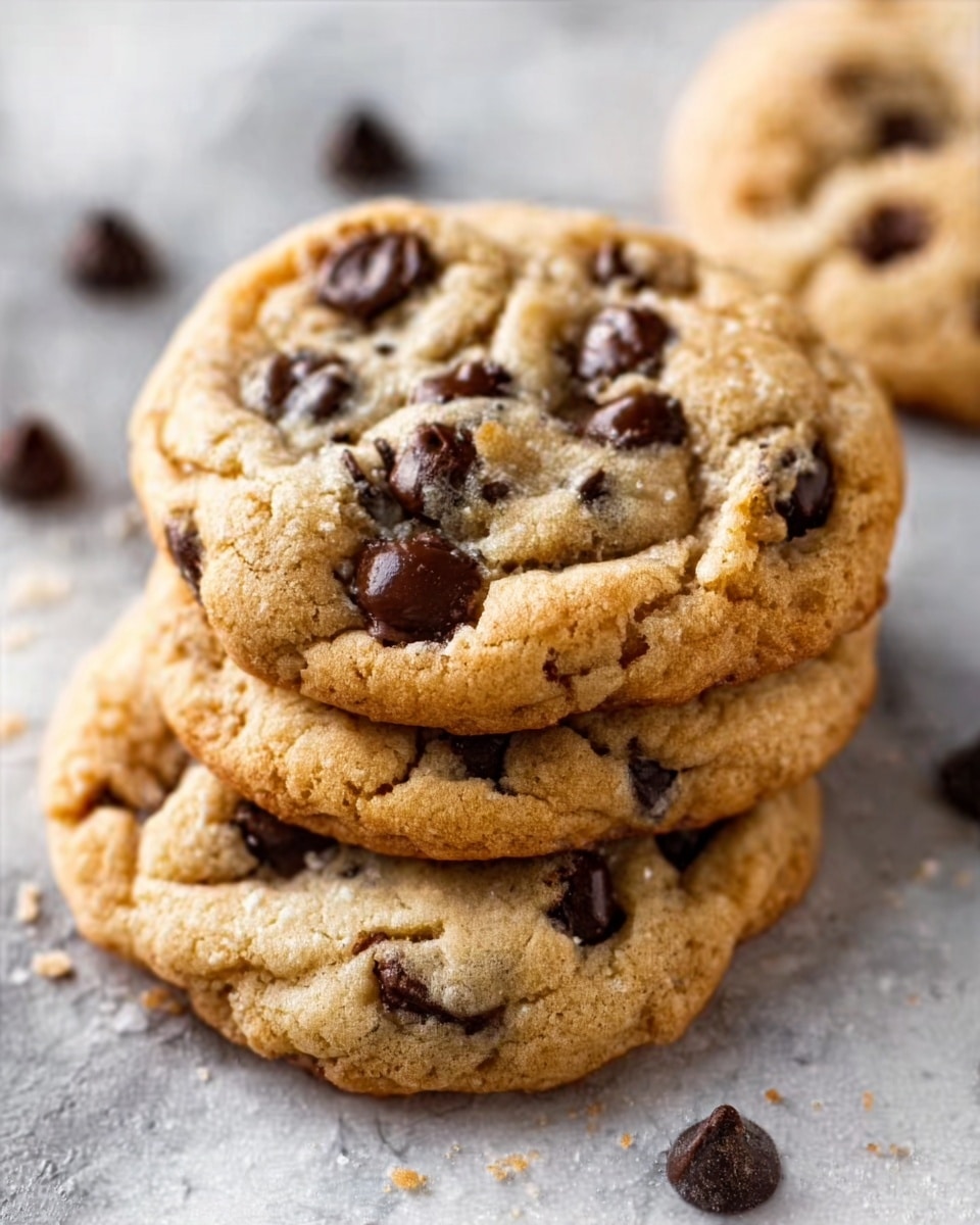 The image shows a close-up of three golden brown chocolate chip cookies stacked slightly on each other, each cookie filled with dark chocolate chips that look shiny and melted in some spots. The cookie surface has a soft, slightly crumbly texture with visible cracks and uneven edges. The cookies rest on a white marbled surface with a few chocolate chips scattered around them. The lighting highlights the warm color and soft look of the cookies, making them appear fresh and inviting. photo taken with an iphone --ar 4:5 --v 7