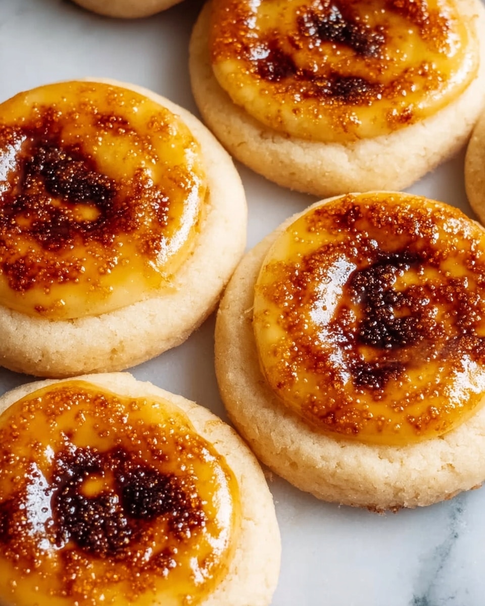 The image shows five round cookies with a soft, light beige base. Each cookie has one smooth, creamy amber-colored layer on top, with a shiny surface marked by darker caramelized brown spots, giving a brûléed look. The cookies are arranged closely together on a white marbled texture. The caramelized top layer is circular and smaller than the base, sitting in the center of each cookie. photo taken with an iphone --ar 4:5 --v 7