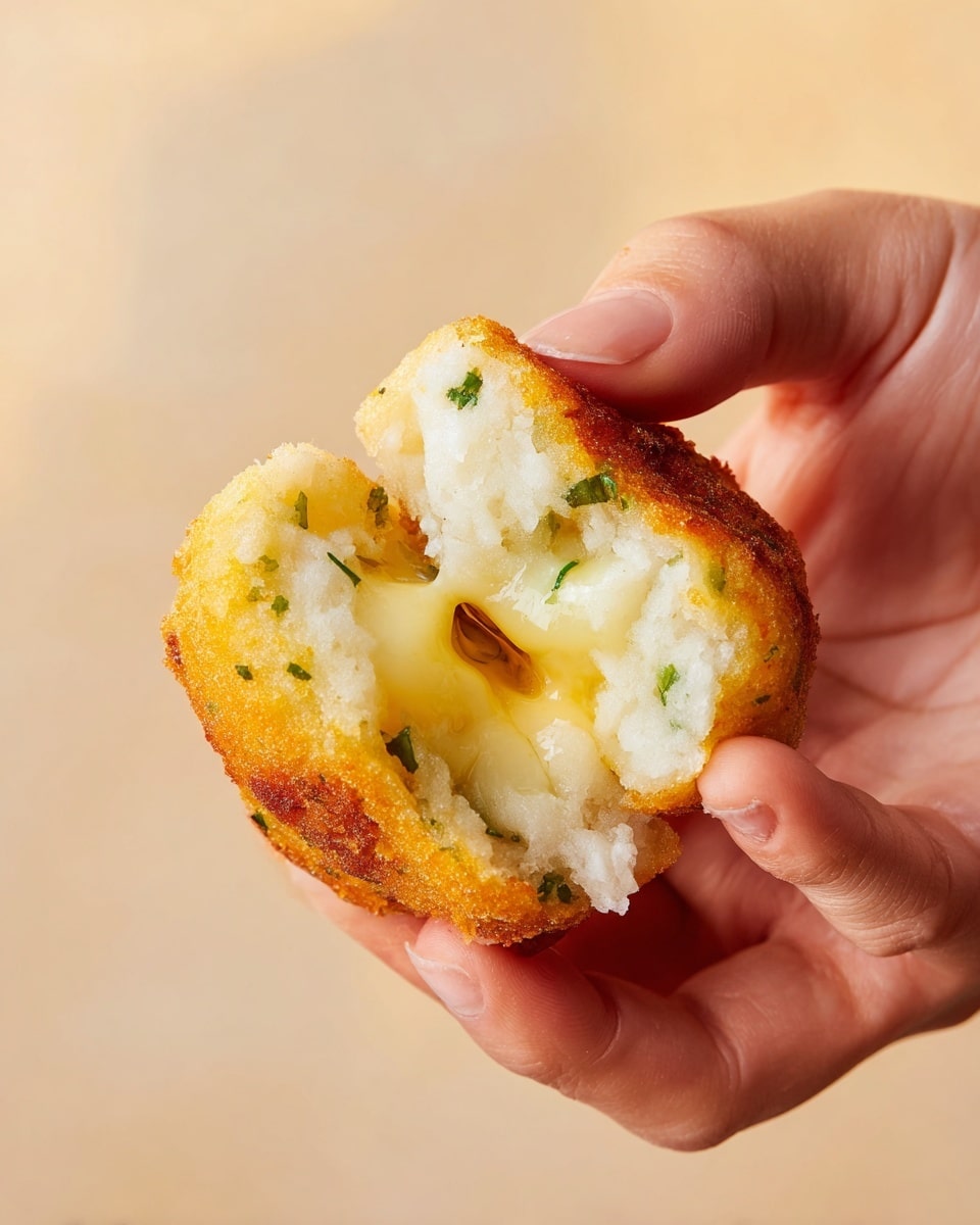 Two woman's hands are holding a round, golden-brown fried snack that is broken open to show the inside. The outer layer is crispy with a light golden color and bits of green herbs. The inside is soft and white with a creamy, light yellow cheese sauce oozing out. The texture of the outer shell looks crunchy while the inside looks smooth and gooey. The background is a soft, white marbled texture. photo taken with an iphone --ar 4:5 --v 7