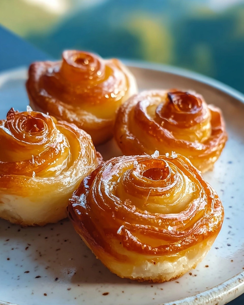 A close-up of four small pastries shaped like roses, each with multiple thin layers of golden-brown, shiny, and slightly caramelized dough that curl softly to form the petals, placed on a white plate with a subtle speckled design, set against a background of soft blue and green blurred colors resembling a distant landscape. The pastries look glossy as if brushed with syrup or glaze, highlighting their crisp edges and tender inner layers. Photo taken with an iphone --ar 4:5 --v 7