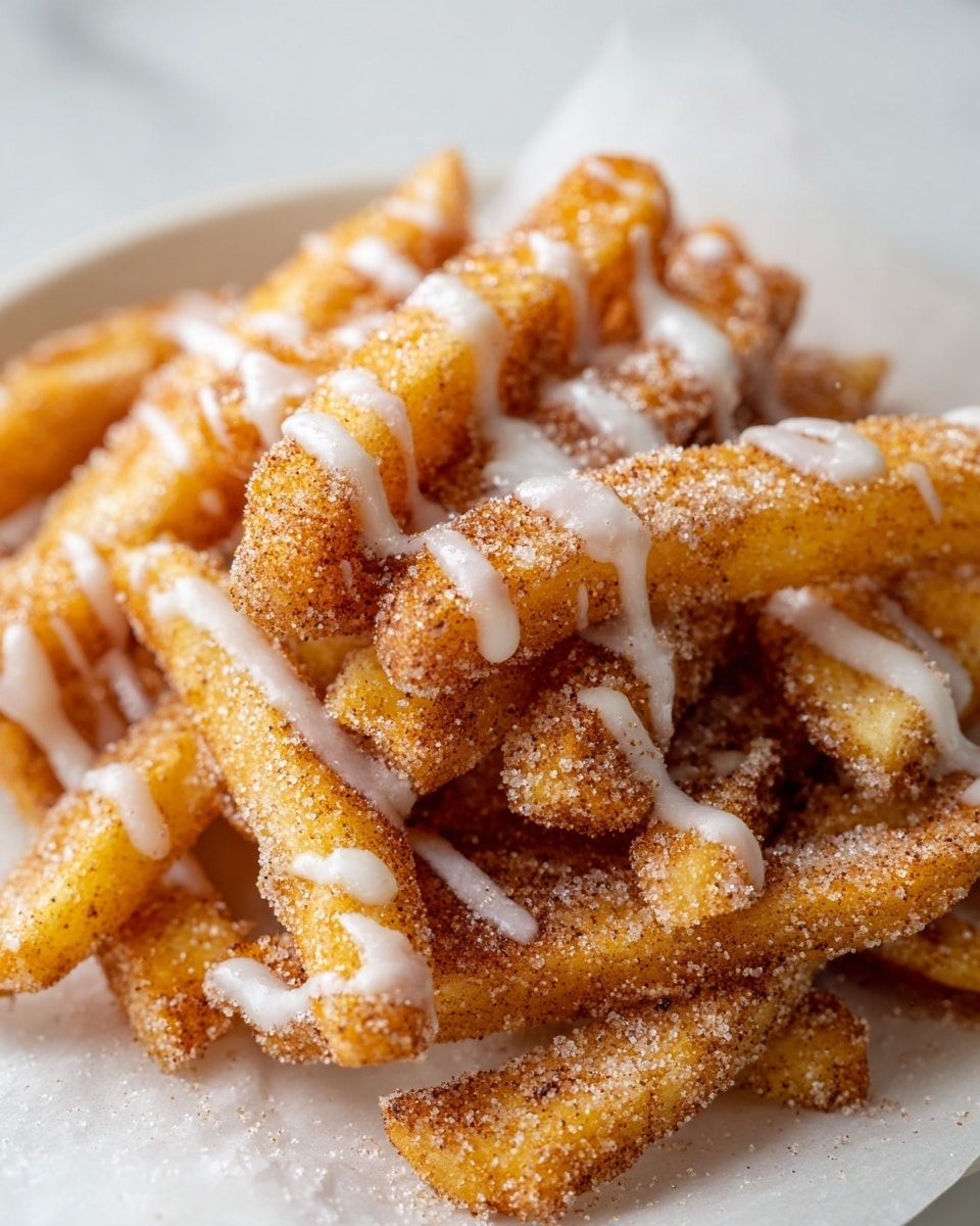 A white plate filled with multiple thick, golden-brown sticks covered in a coarse sugar and cinnamon mix, creating a grainy texture on the surface. Each stick is cut evenly and piled on top of each other, with a few drizzles of smooth white glaze zigzagging across the top layer. The background has a white marbled texture that softly contrasts with the warm tones of the sticks. photo taken with an iphone --ar 4:5 --v 7