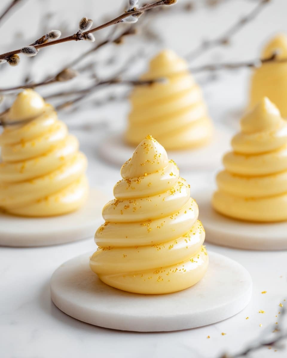 A small, triangular dessert cut in half shows three distinct layers: a thin, light brown base, a thick middle layer of fluffy white mousse or cream with a smooth texture, and a bright yellow, glossy core at the center of the white layer. The whole dessert is coated in a smooth, shiny yellow glaze with a scalloped edge that follows the triangle shape. In the background, there are several similar whole desserts shaped like small yellow spiraled cones, resting on white plates on a white marbled surface. Some small pieces of gold decoration are sprinkled lightly on the desserts. photo taken with an iphone --ar 4:5 --v 7