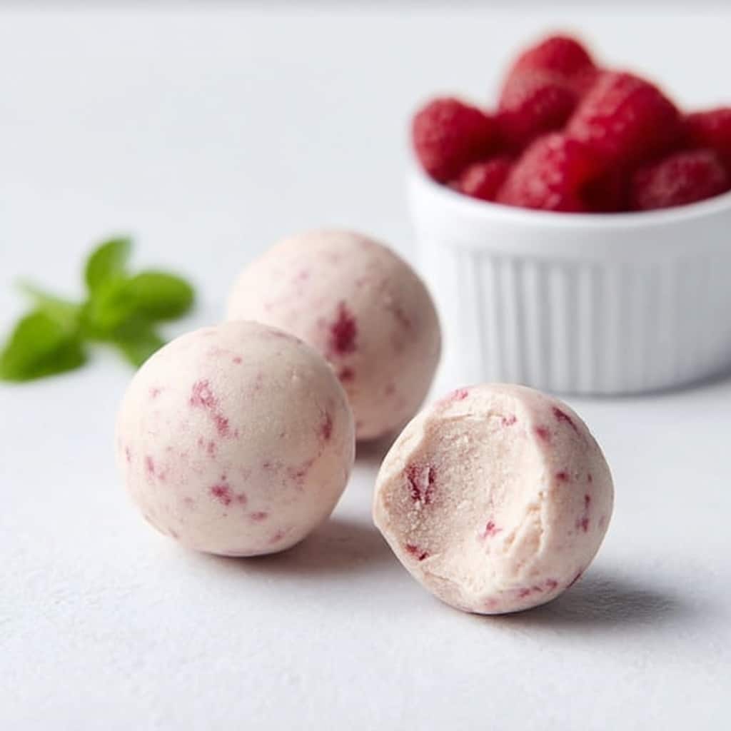 Three round, smooth truffle balls are displayed on a white surface, each about the size of a golf ball, with a pale pink color marbled with small flecks of red throughout the single creamy layer, hinting at a berry ingredient; one ball has a bite taken out, revealing a consistent dense texture inside that matches the outside. In the background, slightly out of focus, a white bowl filled with whole raspberries and a green mint leaf adds a complementary pop of color. The scene is bright, minimalistic, and composed with a soft natural daylight feel. photo taken with an iphone --v 7.0