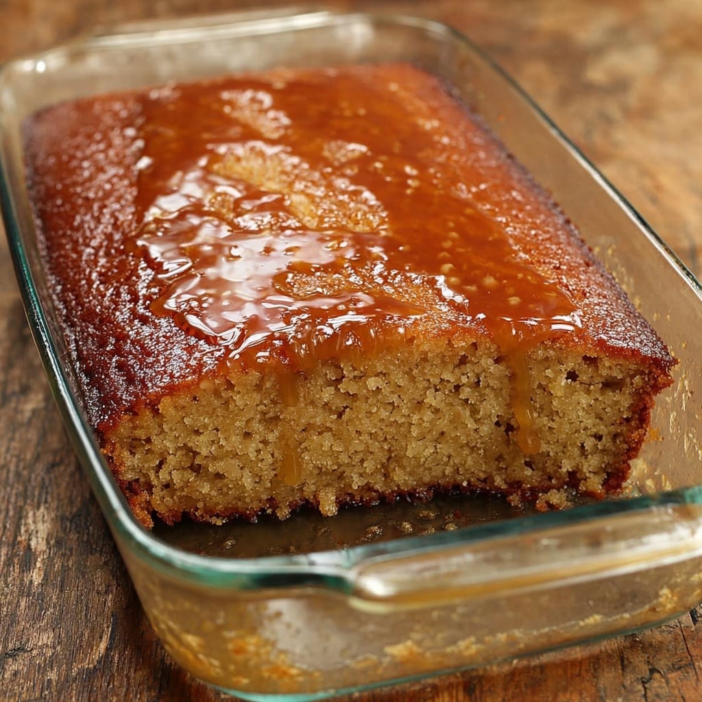 A square slice of cake sits on a white plate with a distinct three-layer appearance: the bottom and middle layers are thick, golden-brown, and spongy with a moist, airy crumb; the top layer consists of a shiny, thin caramel glaze. Melting vanilla ice cream is scooped on top, its smooth white color contrasting with the cake and dripping down the sides, while syrup pools at the base and oozes over the edges. The background features a rustic wooden surface in soft focus. photo taken with an iphone --v 7.0