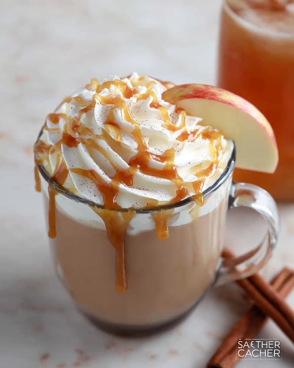 The image shows a clear glass mug filled with a light brown drink topped with a thick swirl of white whipped cream that covers the entire rim of the mug. The whipped cream is drizzled with golden caramel sauce in a loose, irregular pattern. Behind the mug, there is a partially visible light brown drink with a thin apple slice resting on the rim of the glass. The background is a white marbled surface, and there are two cinnamon sticks lying near the drinks. photo taken with an iphone --ar 4:5 --v 7