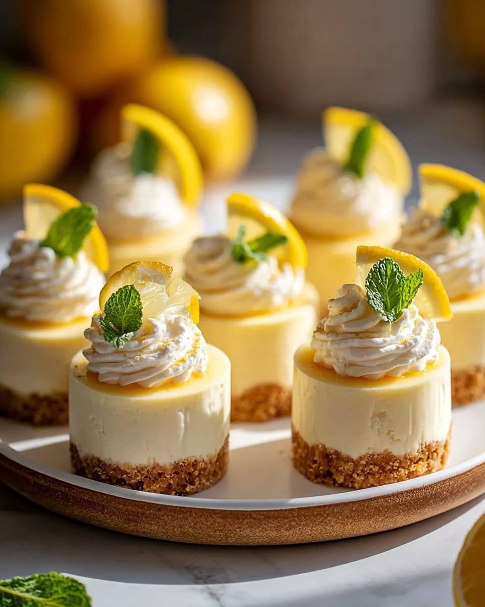 Three small lemon desserts sit on a white plate with delicate patterns on its edge. Each dessert has three layers: a crumbly textured light brown base, a smooth white middle layer, and a shiny bright yellow top layer. On top of each dessert is a swirl of white cream, sprinkled with small black seeds, and a thin slice of lemon sticking up from the cream. The background includes blurred lemons and a white marbled texture surface. Photo taken with an iphone --ar 4:5 --v 7