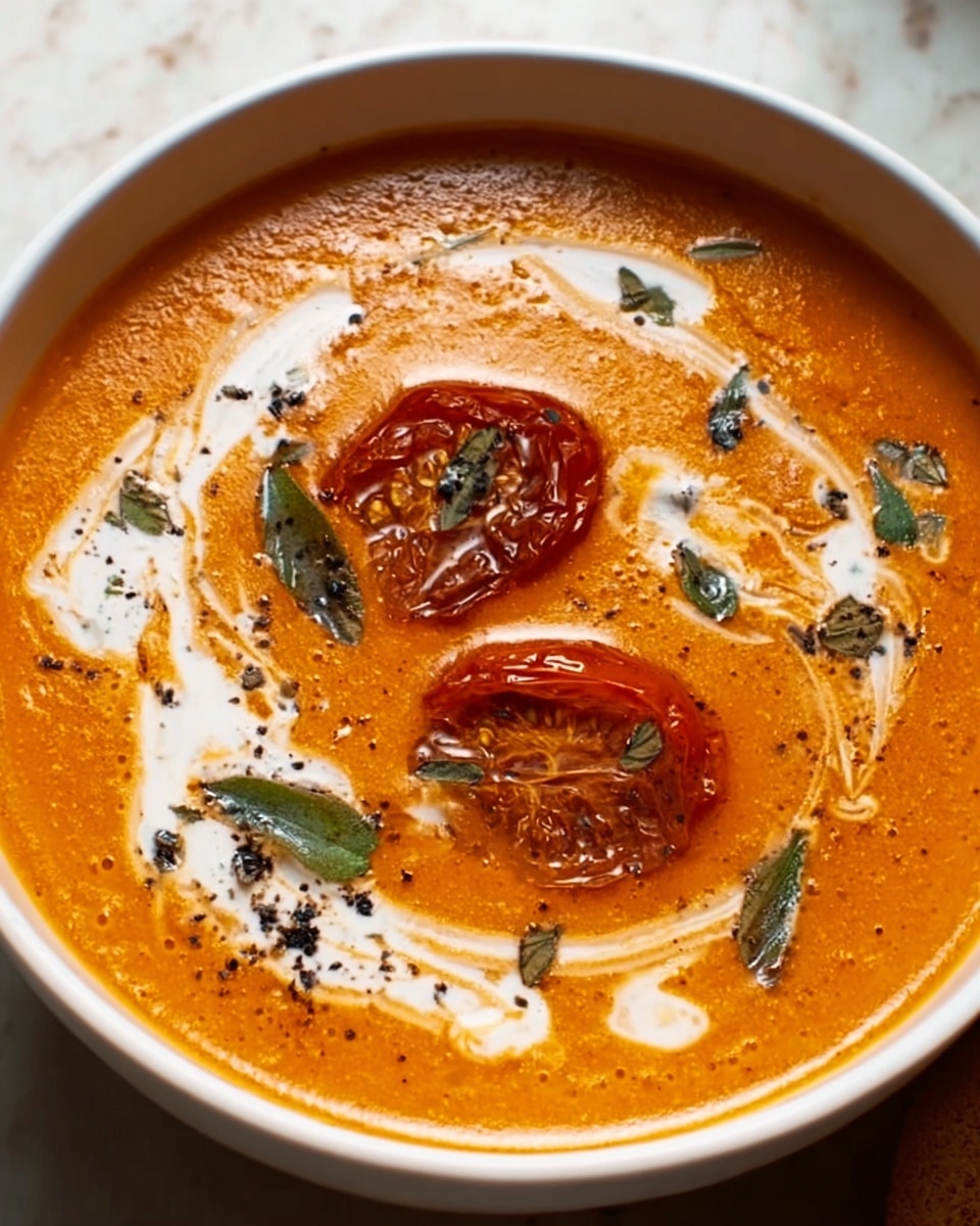 A white bowl filled with smooth, creamy tomato soup that has a rich orange-red color. On the left side of the soup, there are four roasted cherry tomatoes still on their vine, with a slightly charred and wrinkled texture. On the right side, half of a toasted piece of bread rests in the soup, showing a golden brown, crispy crust with visible grill marks and herbs sprinkled on top. There are small green herb flakes and a few drops of oil spread lightly across the surface of the soup. Photo taken with an iphone --ar 4:5 --v 7