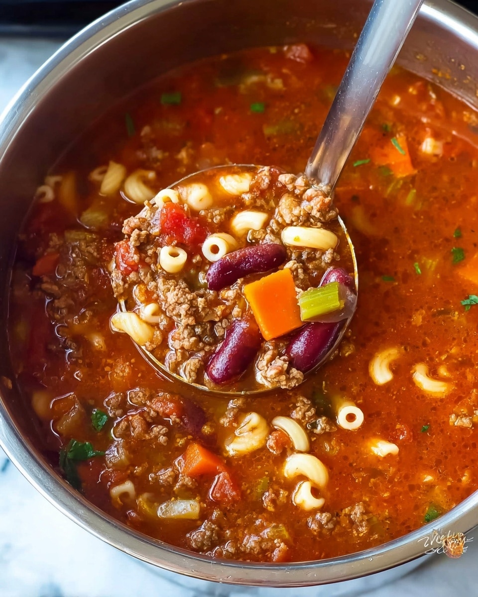The image shows a pot full of chunky soup with a metal ladle lifting a scoop of the soup. The soup has a red broth with visible pieces of ground meat, small circular pasta, dark red kidney beans, bright orange carrot cubes, green celery chunks, and small bits of tomatoes and herbs. The soup looks thick and hearty with a mix of soft and firm textures, all in a shiny silver pot set on a white marbled surface. photo taken with an iphone --ar 4:5 --v 7