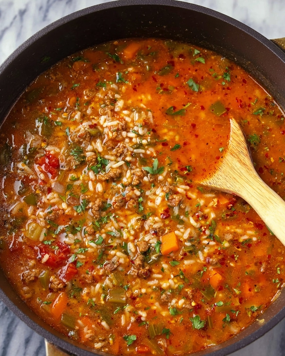 A white bowl filled with thick, chunky soup that has a rich, red tomato base mixed with visible layers of cooked rice, ground meat, and small pieces of green bell pepper and orange carrot. The soup has a slightly oily shine on top and is garnished with small bits of green herbs scattered throughout. A silver spoon is placed in the bowl, resting on the right side with its handle pointing outward. The bowl sits on a white marbled surface with some red chili flakes scattered around the base of the bowl. photo taken with an iphone --ar 4:5 --v 7