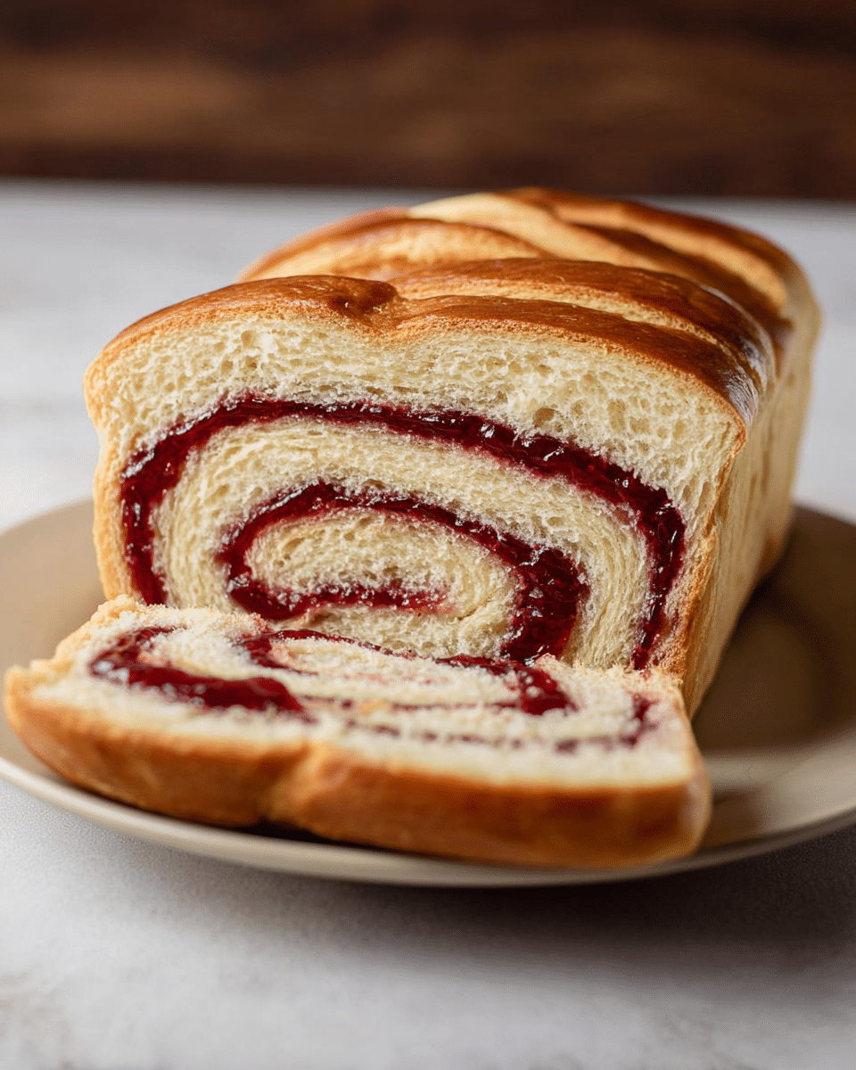 The image shows a white bread loaf with a thick swirl of dark red jam inside, sliced to reveal the spiral pattern. The bread looks soft and fluffy with a light golden crust on top, and the jam filling is glossy and rich, creating a strong contrast with the pale bread. The loaf is placed on a white plate sitting on a white marbled surface, with the focus on the detailed texture of the bread and jam layers. photo taken with an iphone --ar 4:5 --v 7