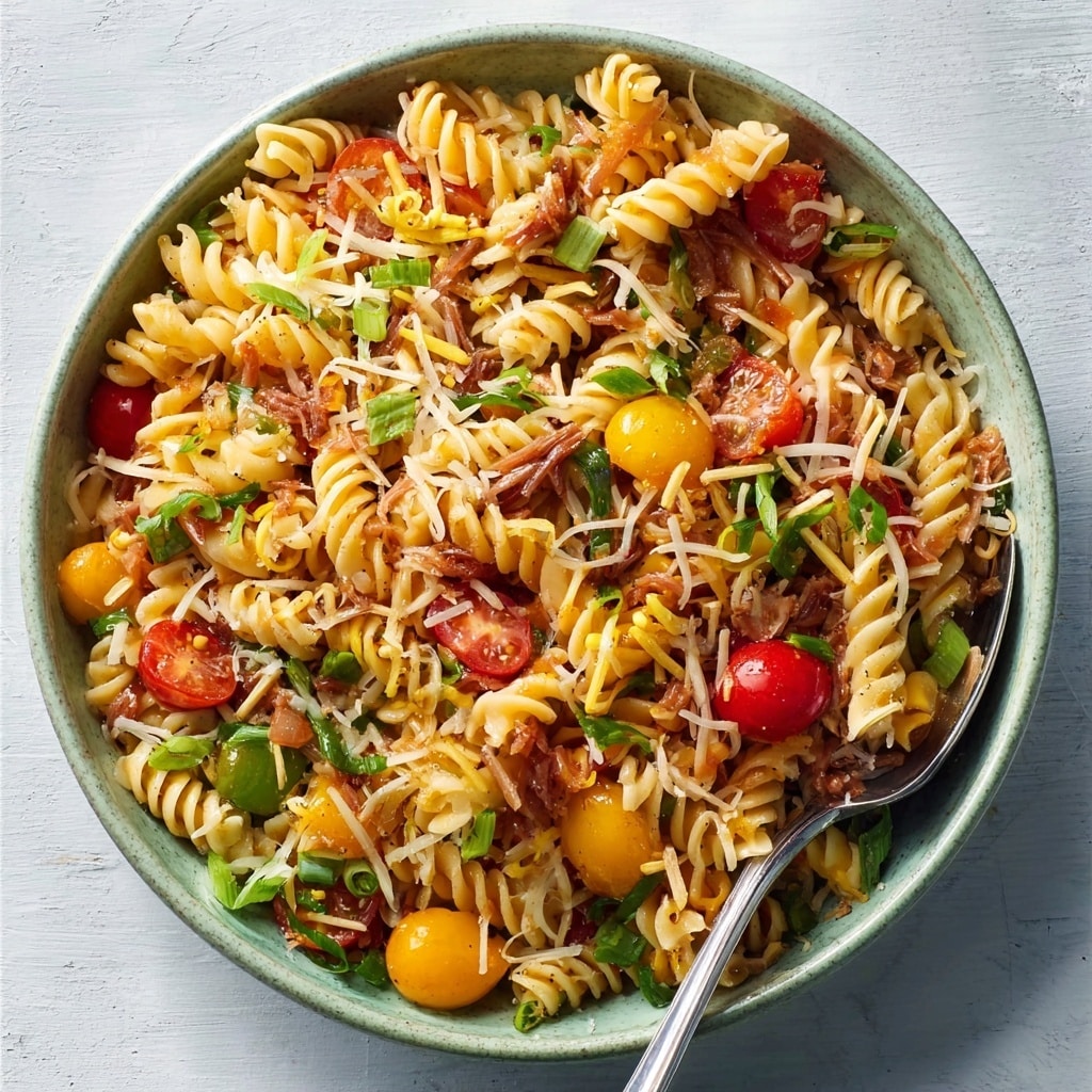 A vibrant bowl of rotini pasta salad sits atop a light surface, filled with tightly spiraled noodles tossed with shredded cheese, halved cherry tomatoes in red and yellow, green bell pepper pieces, chopped scallions, and a sprinkling of shredded meat or chicken throughout. Each ingredient is clearly defined, creating a colorful mix with the pale yellow of the pasta as the base layer, bright vegetables scattered above, and the cheese lightly draping the topmost layer. A silver serving spoon rests inside the bowl, hinting at a fresh and hearty texture. photo taken with an iphone --v 7.0