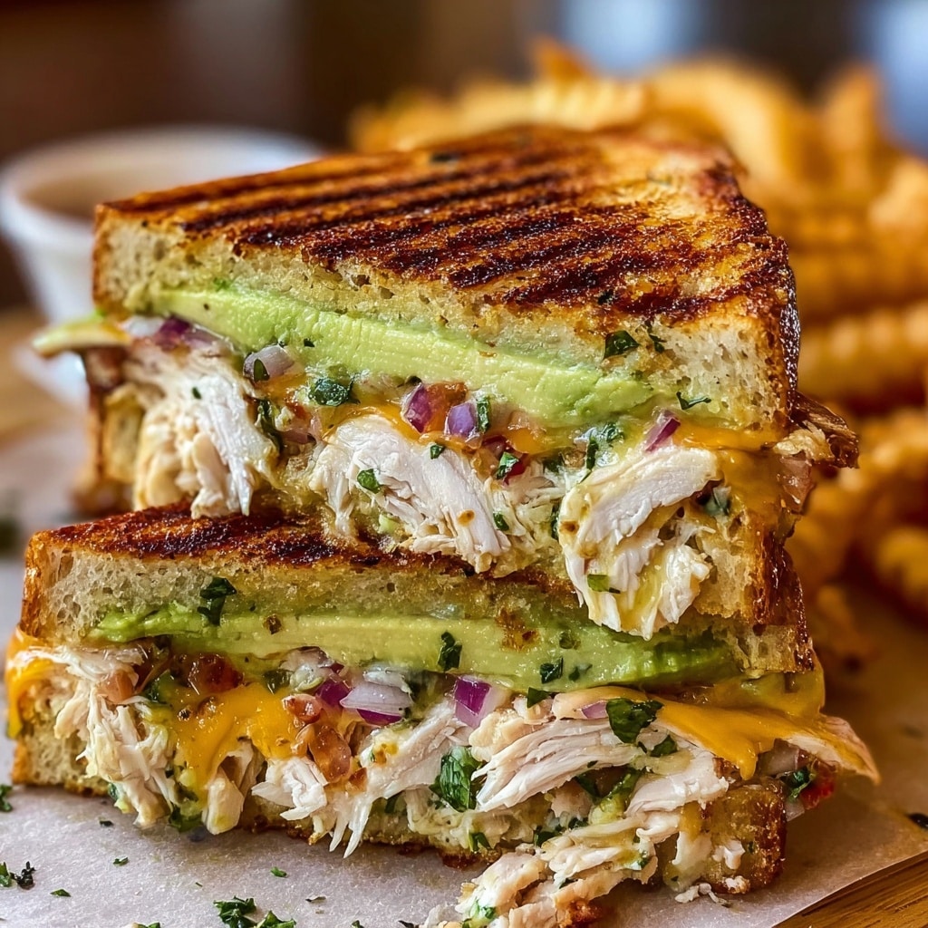 A thick sandwich cut diagonally, revealing multiple stacked layers: the top and bottom are golden brown, perfectly grilled slices of bread with a slight crisp. Inside, there are generous chunks of moist, shredded chicken, overlain by slices of creamy avocado with a pale green hue. Melted cheddar cheese flows between the layers, mingling with finely diced red onions and small pieces of tomato, all resting on a bed of chopped herbs. The sandwich is dense and slightly messy, with cheese and vegetables peeking out from the sides. In the blurred background, crinkle-cut fries are visible. Photo taken with an iphone --v 7.0