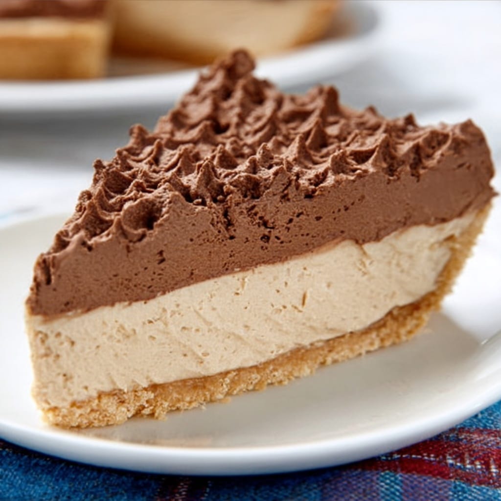 A decadent pie featuring three distinct layers: the bottom is a thick, glossy chocolate crust with a slightly rippled texture; the middle is a creamy, smooth chocolate filling with a light brown hue, appearing airy and dense; the top layer is generously scattered with chopped peanuts and chunks of chocolate, finished with large swirls of fluffy white whipped cream positioned evenly around the perimeter. The pie sits in a glass dish and a slice has been removed to reveal the contrasting textures and layers inside, with some chocolate dripping down the side. The surface is scattered with more peanuts and crumbs, enhancing the indulgent look. photo taken with an iphone --v 7.0