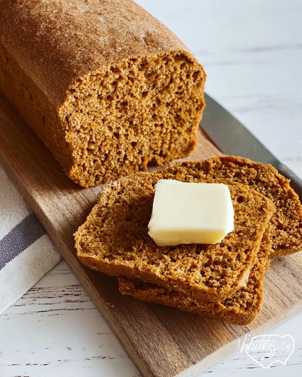 A close-up of a slice of brown bread with a square piece of white butter melting on top, placed on a white marbled surface. In the background, there is a wooden board holding the rest of the unsliced brown bread loaf, which shows a rough and crumbly texture. The bread's crust appears firm and golden brown, while the inside is soft and slightly dense, with small holes throughout. Photo taken with an iphone --ar 4:5 --v 7