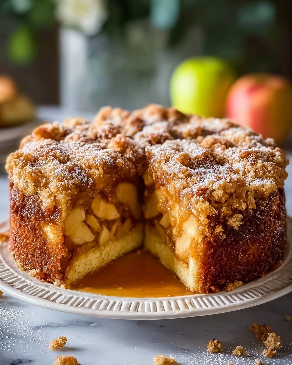 A round apple cake with a thick bottom layer of light golden cake topped by a thick layer of cooked apple slices covered in a glossy caramel glaze, all surrounded by a crumbly, golden brown streusel crust with a slightly rough texture, dusted lightly with powdered sugar. A piece is cut out from the front, showing the layers clearly. The cake is on a white plate with a raised decorative edge, placed on a white marbled textured surface, with some crumbs scattered nearby. The background is softly blurred with greens and an apple in view. Photo taken with an iphone --ar 4:5 --v 7
