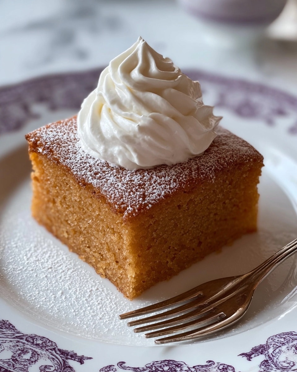 A single square piece of golden brown cake with a slightly shiny top that looks soft and moist, lightly dusted with white powdered sugar. On top, there is a neat swirl of white whipped cream. The cake sits on a white plate with a purple decorative border. To the right of the cake, there is a silver fork resting on the plate. The background is a white marbled texture. photo taken with an iphone --ar 4:5 --v 7