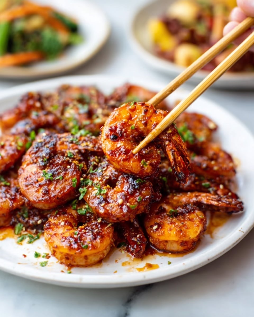 A white plate filled with about three layers of grilled shrimp covered in a shiny, sticky reddish-brown sauce with visible specks of seasoning and green chopped herbs sprinkled on top. The shrimp have a slight char with a glossy, textured surface indicating a spicy glaze, and a woman's hand holding light wooden chopsticks is picking up one shrimp. In the background, other dishes with vegetables are slightly blurred, all placed on a white marbled surface. Photo taken with an iphone --ar 4:5 --v 7