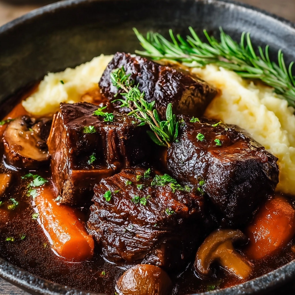 A rustic, homey dish presented in a round cast-iron pot, featuring two distinct layers: the base layer is a smooth, creamy off-white mash, providing a soft and fluffy texture at the bottom. Piled on top are chunky, tender pieces of dark brown braised meat, glistening with a rich, glossy sauce. Nestled among the meat are visible slices of sautéed mushrooms and orange carrot chunks, all bathed in the deep, dark sauce. Fresh green herb sprigs are laid over the top, offering a pop of color and a hint of freshness in contrast to the comfort-food shades of brown and cream. photo taken with an iphone --v 7.0
