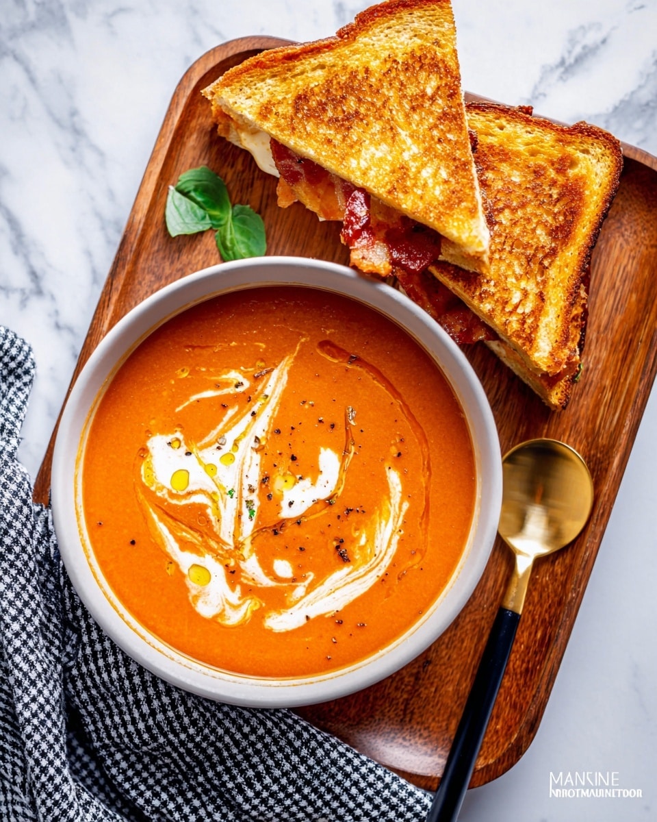 The image shows a white round bowl filled with smooth orange tomato soup, topped with swirls of white cream and small drizzles of golden oil, with black pepper sprinkled on top. On one side of the bowl, a toasted grilled cheese sandwich is placed at an angle, showing three layers: golden crispy toast with a textured surface, melted white cheese peeking out, and crispy cooked bacon with a reddish-brown color. The bowl and sandwich sit on a wooden tray set over a white marbled textured surface. Nearby, there is a gold and black spoon and a black and white checkered cloth on the right side. Photo taken with an iphone --ar 4:5 --v 7