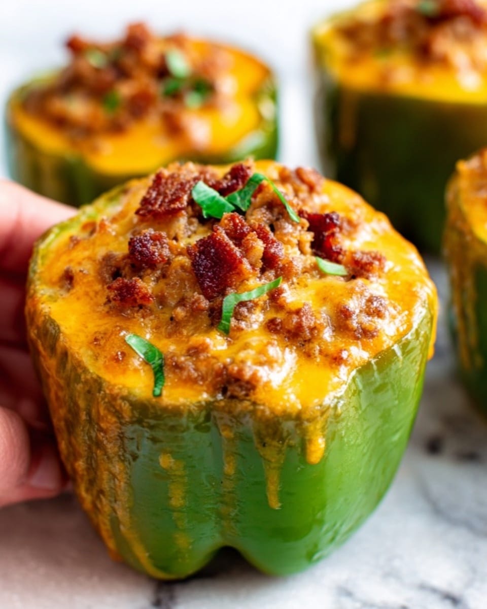 The image shows a close-up of a green bell pepper hollowed out and filled with a baked mixture. The dish has three visible layers: the outer green smooth pepper skin, a creamy orange-yellow cheesy layer filling the pepper almost to the top, and small pieces of browned ground meat or bacon sprinkled across the top, adding texture and color contrast. Tiny green herbs are lightly scattered on top for garnish. The peppers are placed on a white marbled textured surface, and a woman's hand is holding one pepper gently from the side. The photo taken with an iphone --ar 4:5 --v 7