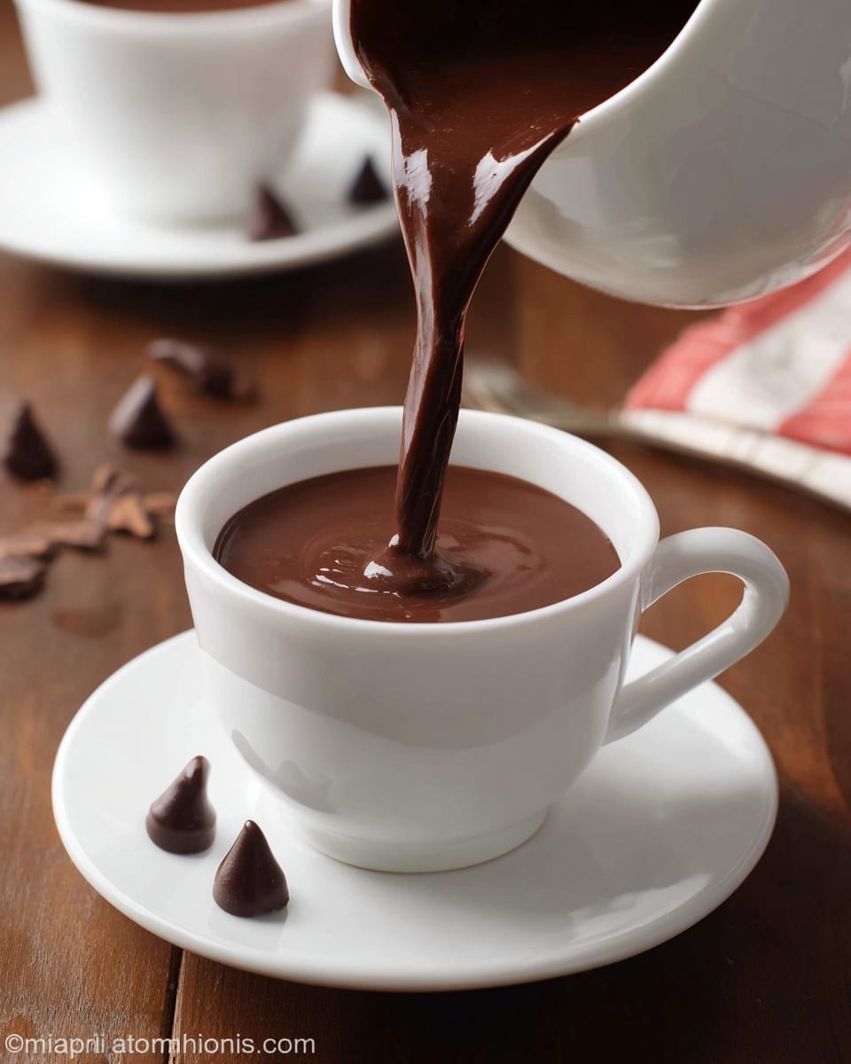 A thick, dark brown liquid is being poured from a white cup into another white cup placed on a white saucer, both sitting on a wooden table. The chocolate liquid has a smooth, glossy texture and fills the cup almost to the top. Scattered around the cup on the table are several small, teardrop-shaped chocolate pieces. The background shows another white cup and saucer that are blurred, creating a warm and cozy atmosphere. photo taken with an iphone --ar 4:5 --v 7
